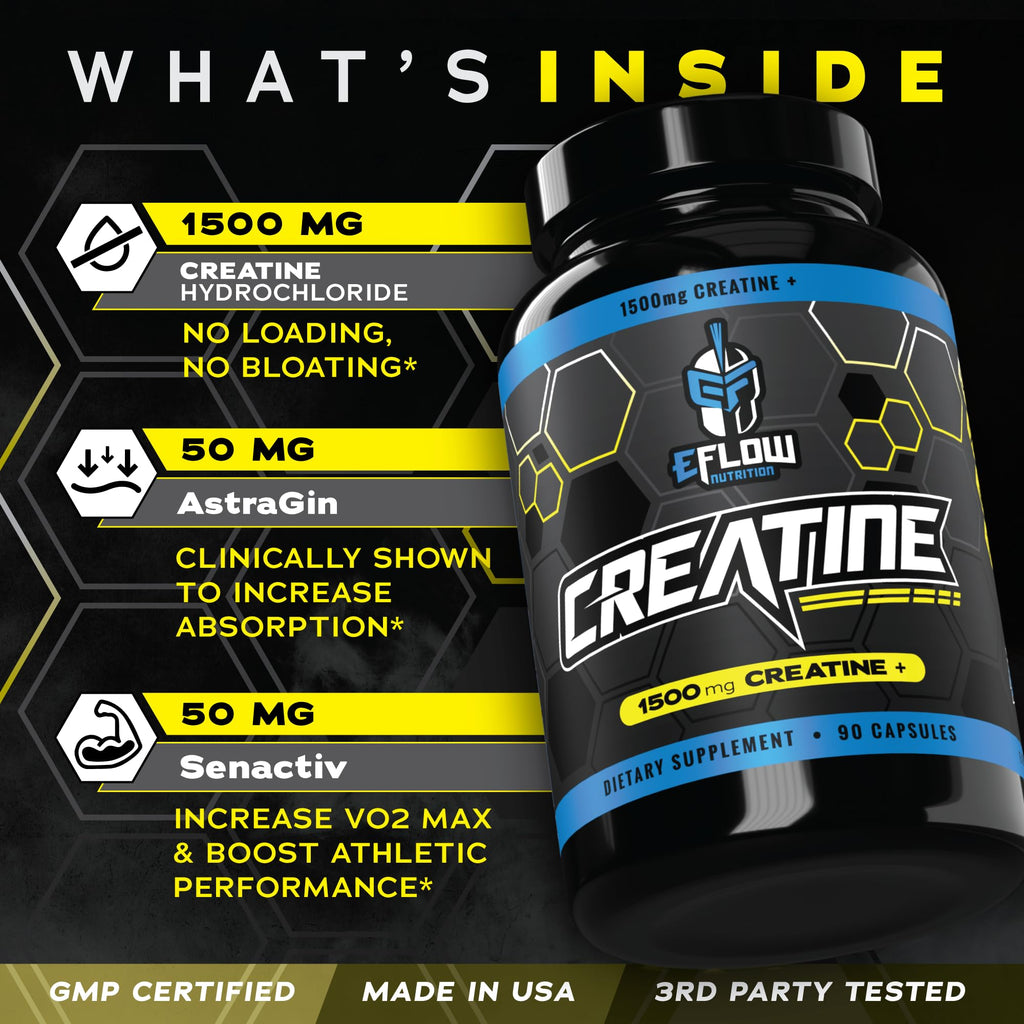 eFlow Creatine Capsules, HCL Creatine Pills - Creatine Supplement for Men & Women, Muscle Builder, Endurance, Strength, with AstraGin and Senactiv (1500mg, 90 Capsules) eFlow Nutrition Au supplements