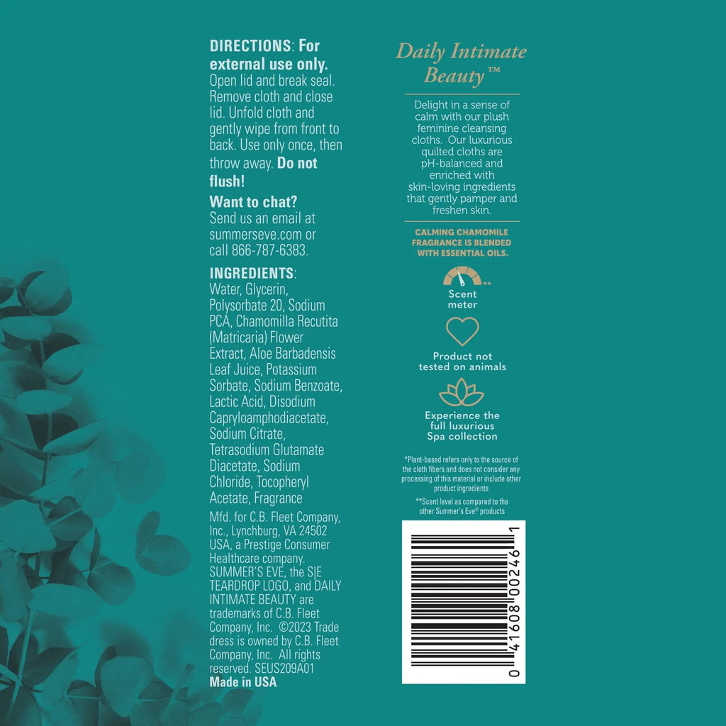Summer's Eve Spa Calming Chamomile Feminine Wipes, 100% Plant Based*, pH balanced Plush Cloths Summer's Eve Au supplements