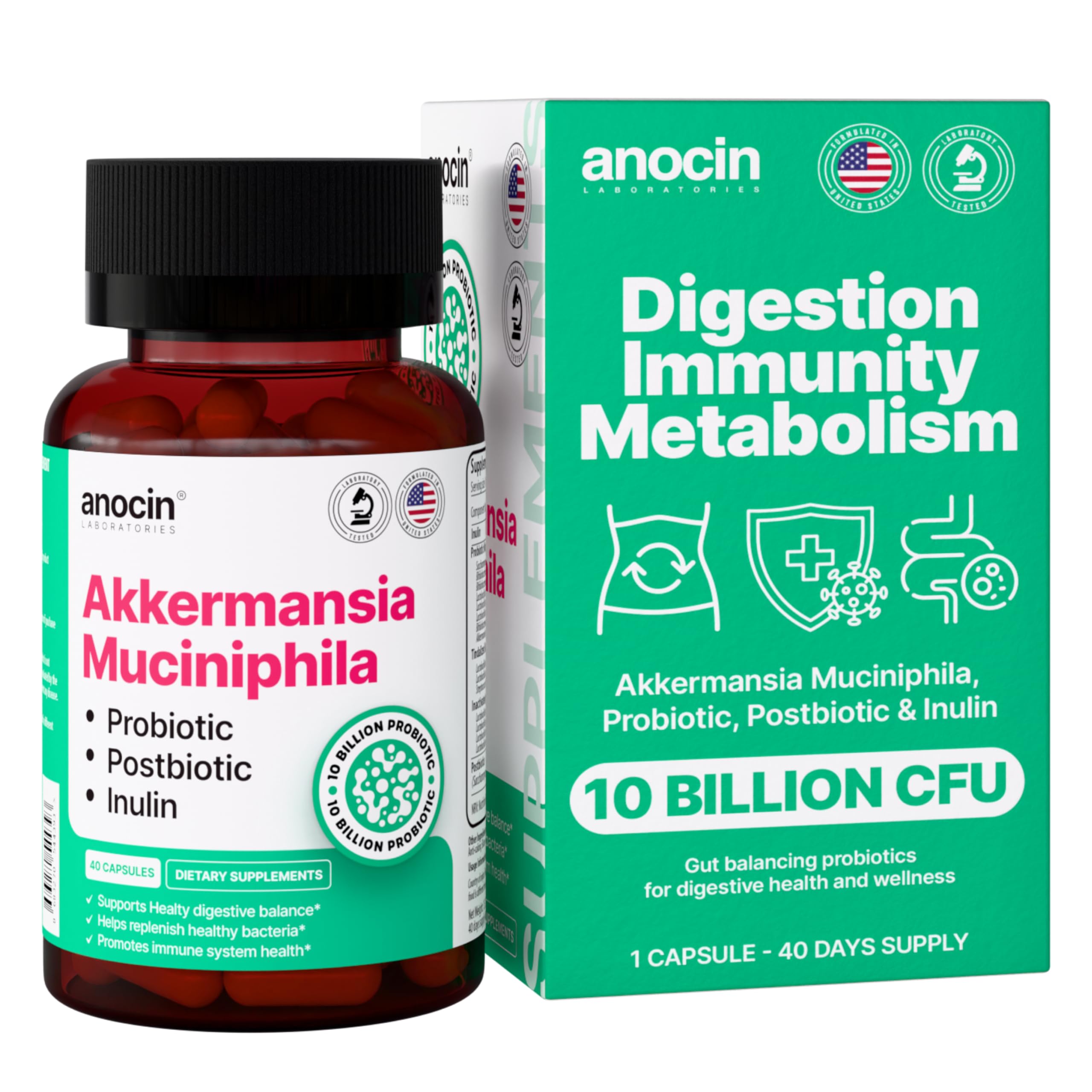 anocin Akkermansia Muciniphila + Probiotic, Postbiotic & Inulin - Gut Health Supplement for Digestion, Immune Support - 10 Billion CFU, Vegan & Gluten-Free anocin Au supplements