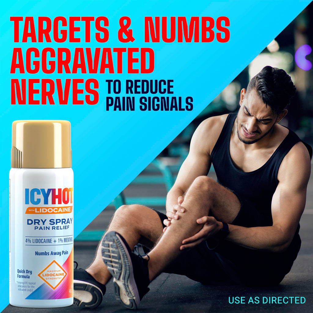 Icy Hot Lidocaine Pain Relief Dry Spray, Numb Aggravated Nerves with Max Strength Lidocaine 4% and Menthol 1%, Fast-Acting Pain Relief for Minor Pain, Backaches, Sprains and Strains, 4 oz Icy Hot Au supplements