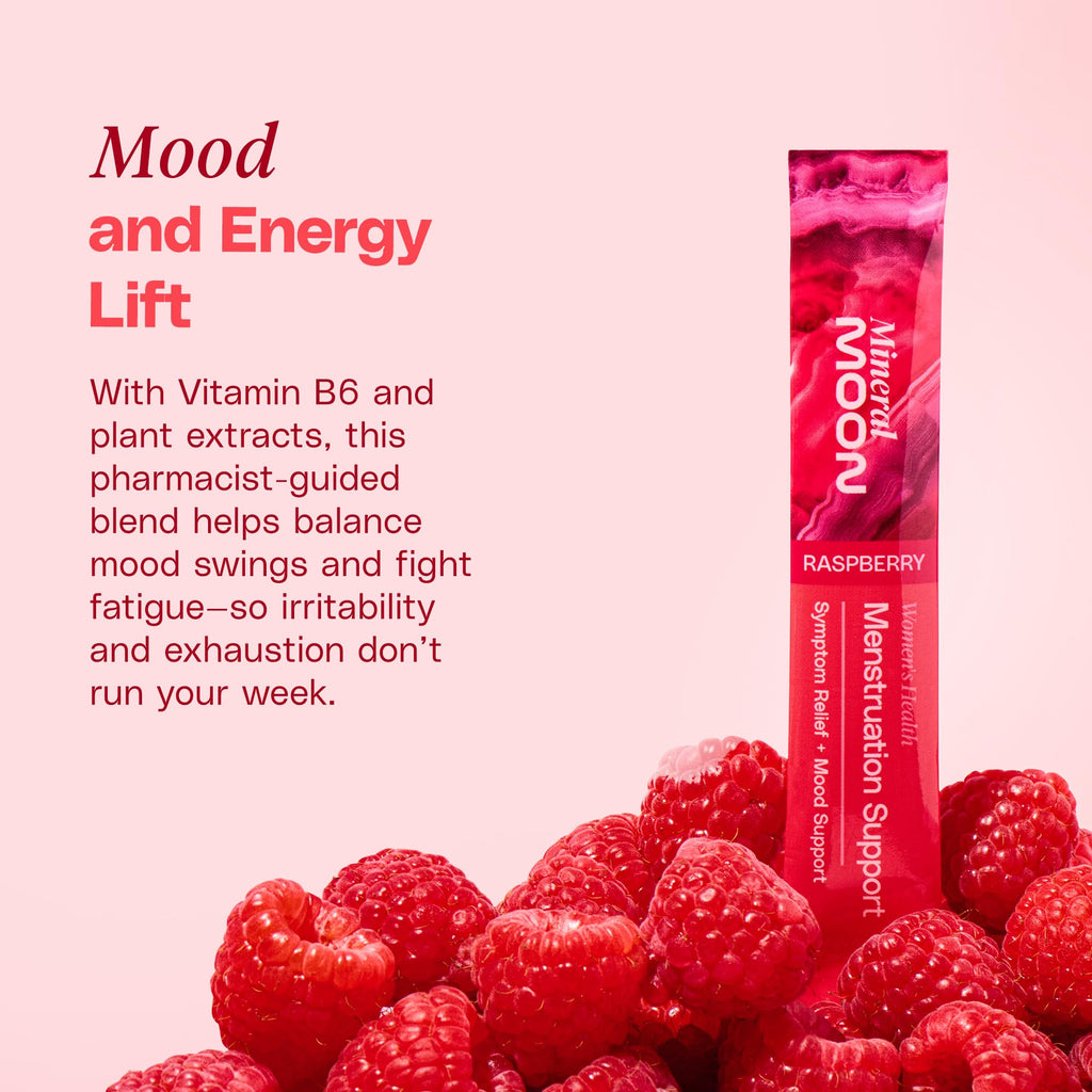 Mineral Moon Premium Menstruation Support - 14 Sachets Raspberry Drink - Hormonal Balance & PMS Support - Reduce Period Cramps, Fatigue & Nausea -with Magnesium Bisglycinate, BenfoPure B1 & Vitamin B6 Mineral Moon Au supplements