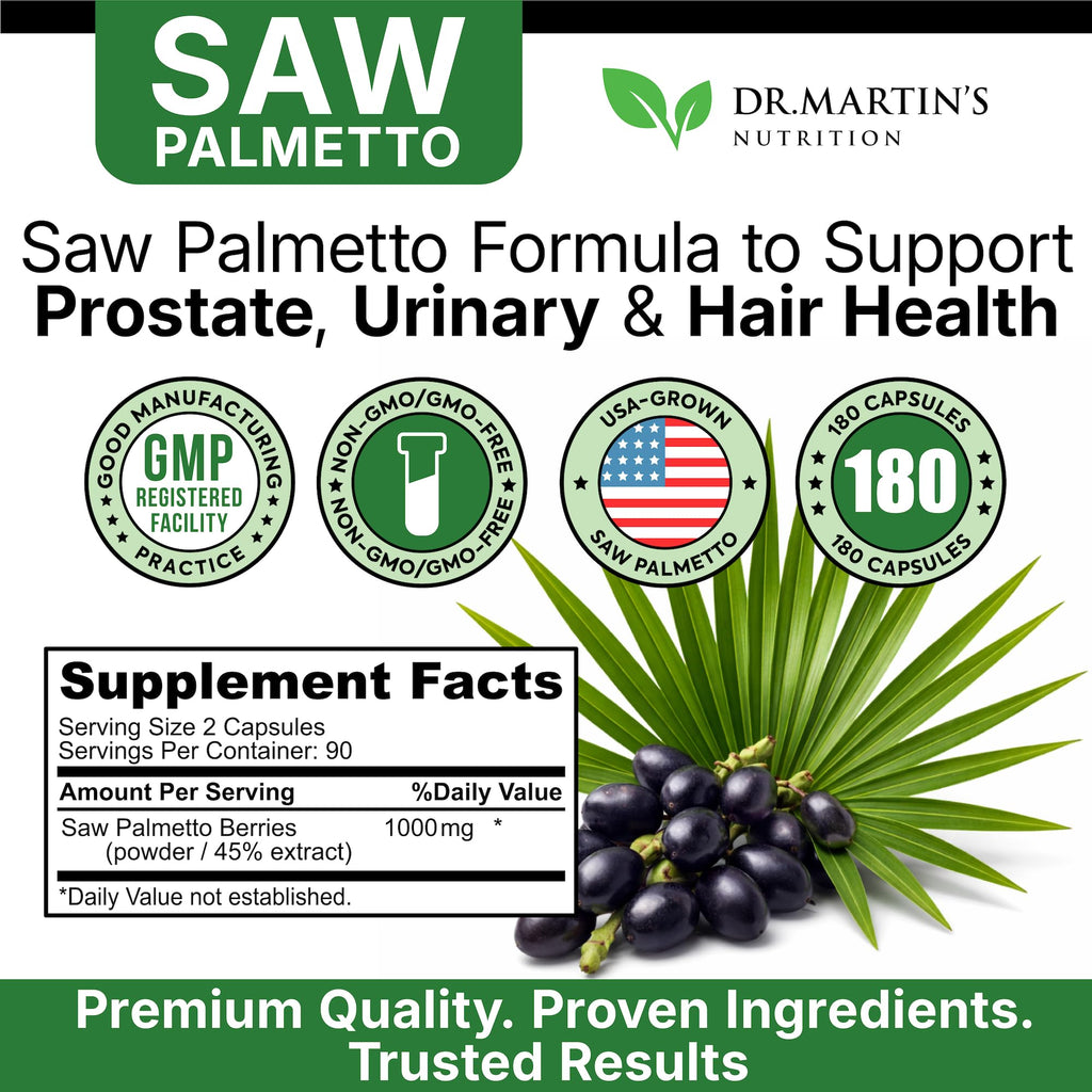 USA Grown Saw Palmetto | 180 Capsules Prostate Health Supplement | Hair Growth for Men & Women | Support to Help Maintain Normal Urination Frequency