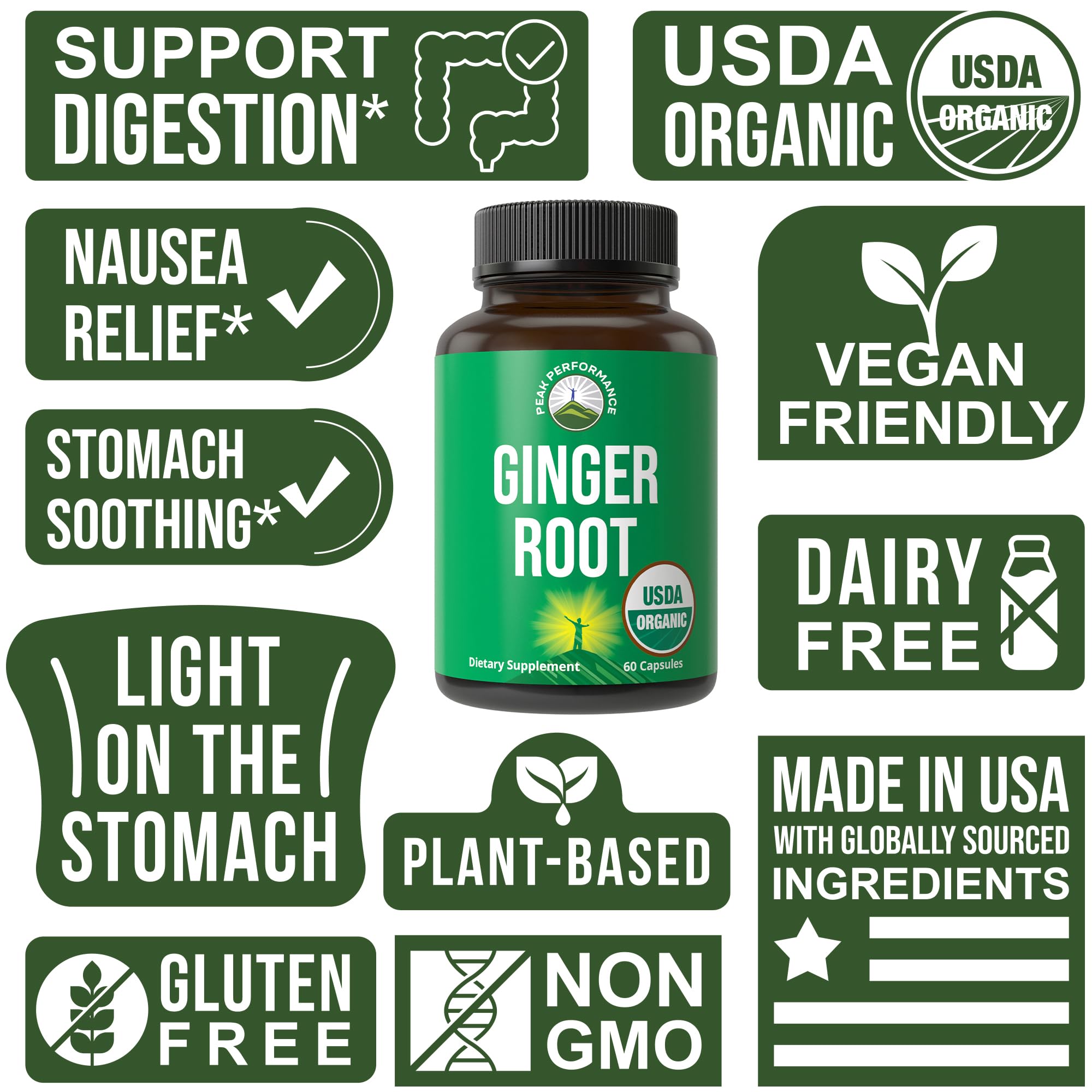 Peak Performance USDA Organic Ginger Root Capsules. Vegan Ginger Pills Supplement for Women & Men to Support Digestion, Occasional Nausea Relief, Gas & Bloat Support, and Gentle Stomach Comfort Peak Performance Au supplements