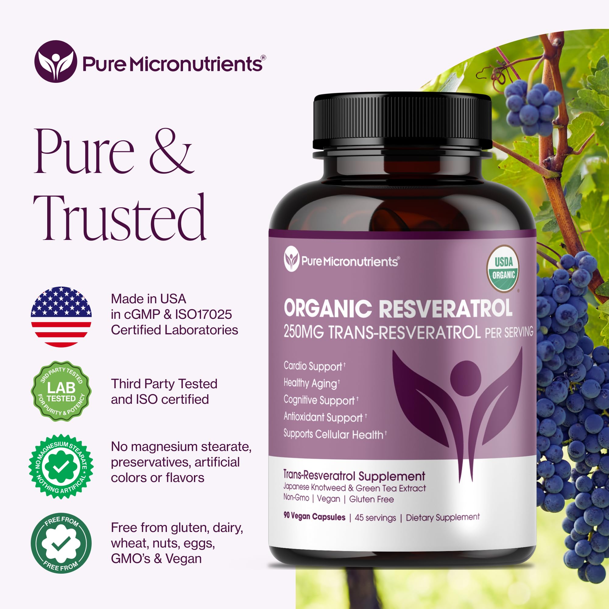 Organic Resveratrol Supplement – Trans-Resveratrol Capsules with Green Tea – Highly Purified & Bioavailable