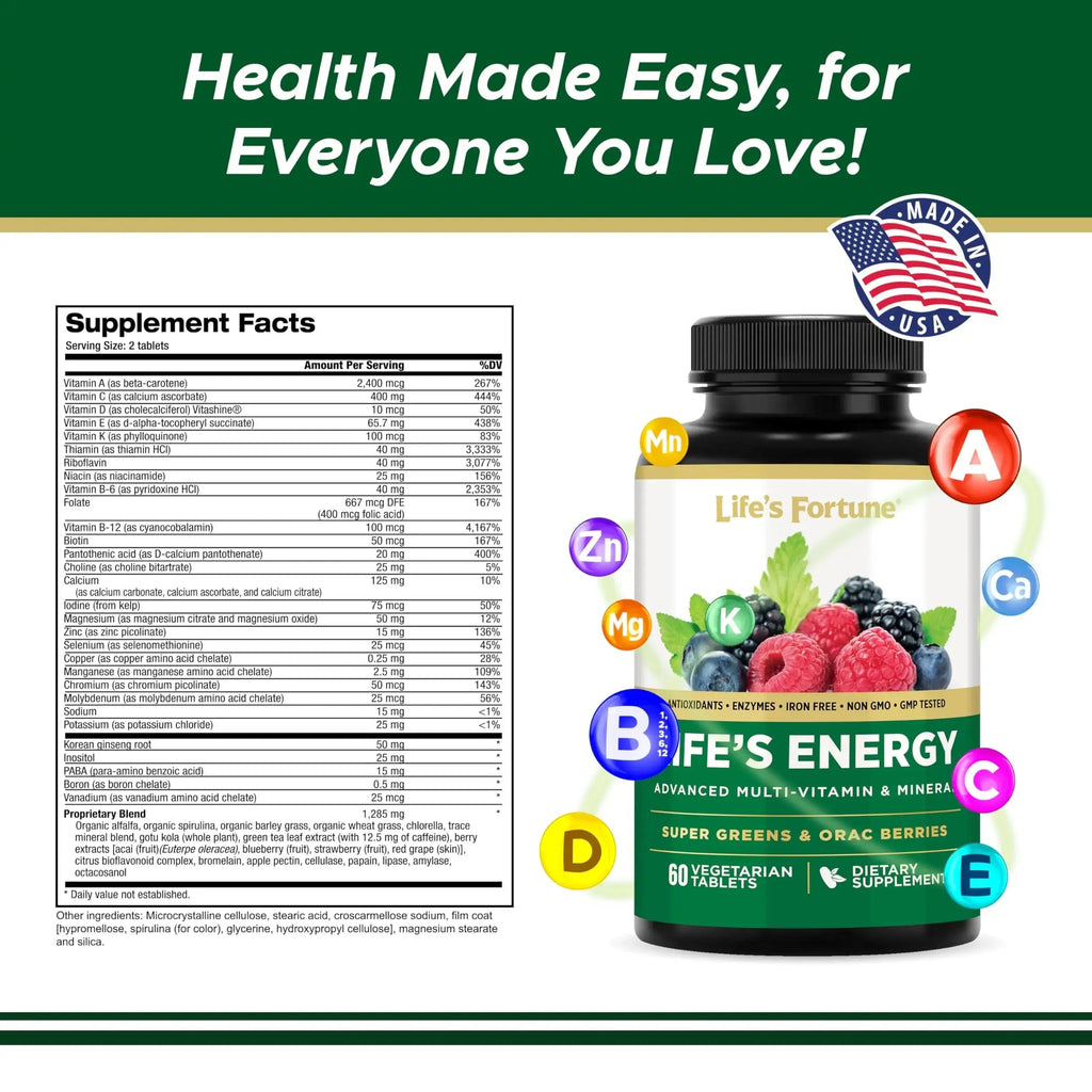 Life's Energy Advanced Daily Multivitamin for Men & Women, Energy and Immune Support Supplement with Super Greens, Antioxidants, Enzymes Life's Fortune Au supplements