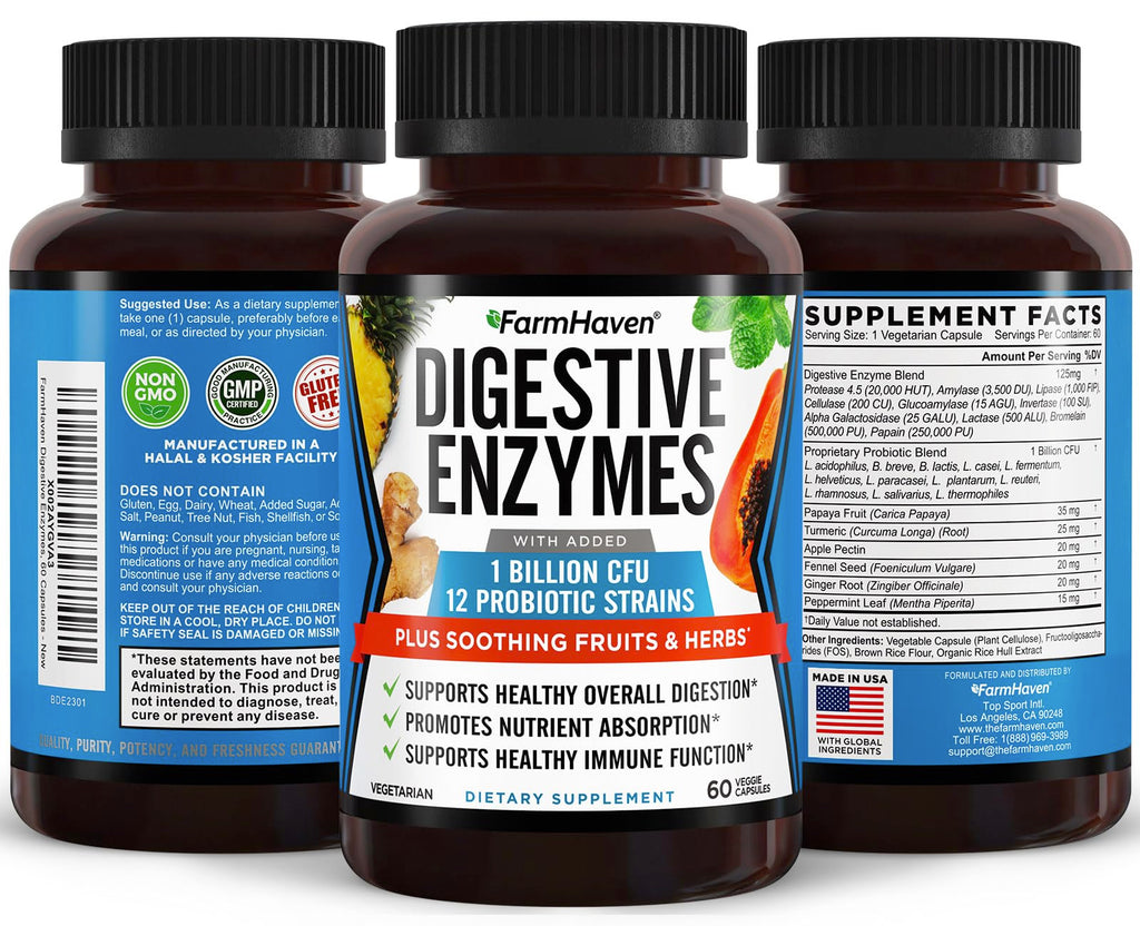 FarmHaven Digestive Enzymes with 18 Probiotics & Herbs | Papaya, Bromelain, Protease & More for Lactose Absorption & Better Digestion | Helps Bloating