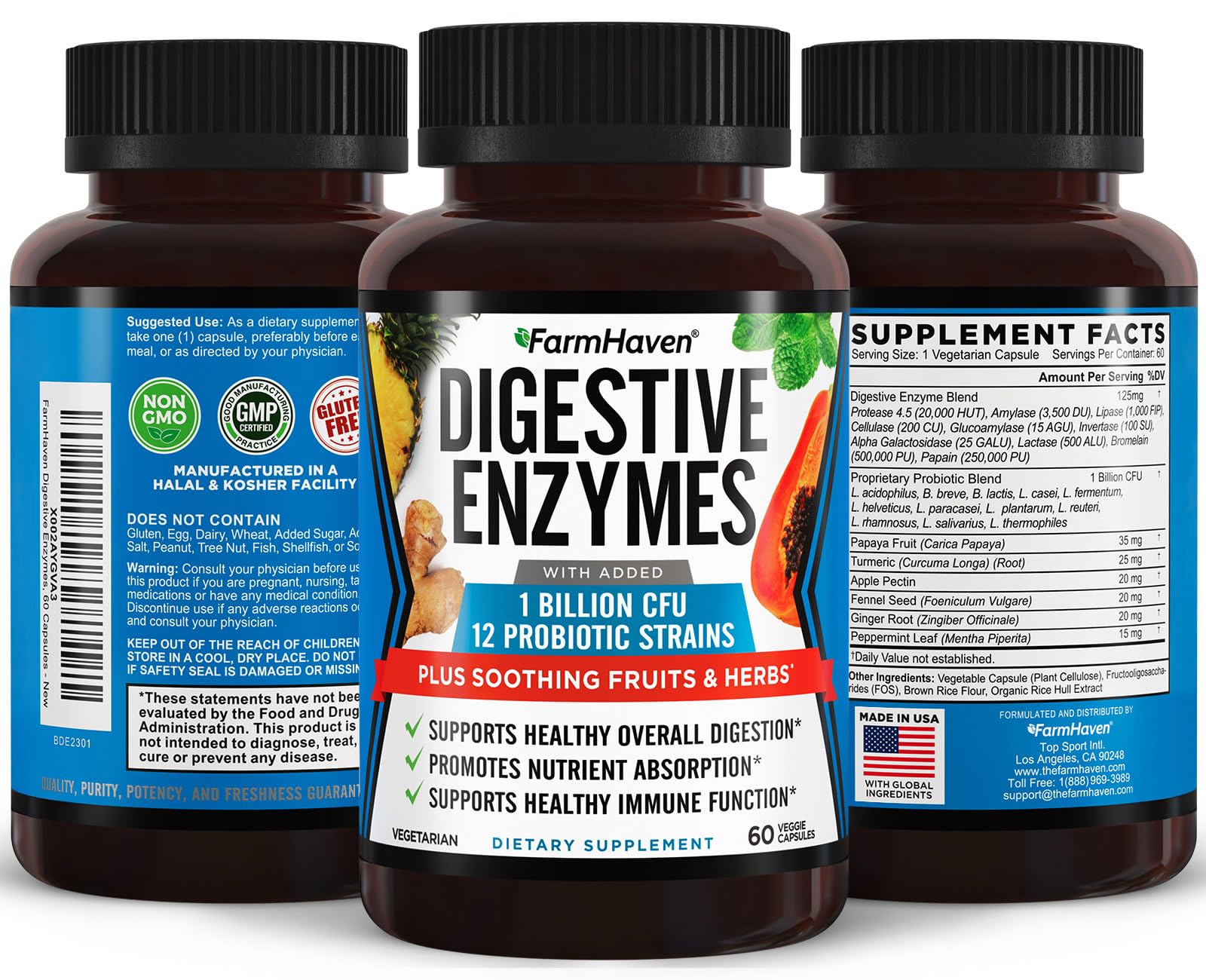 FarmHaven Digestive Enzymes with 18 Probiotics & Herbs | Papaya, Bromelain, Protease & More for Lactose Absorption & Better Digestion | Helps Bloating