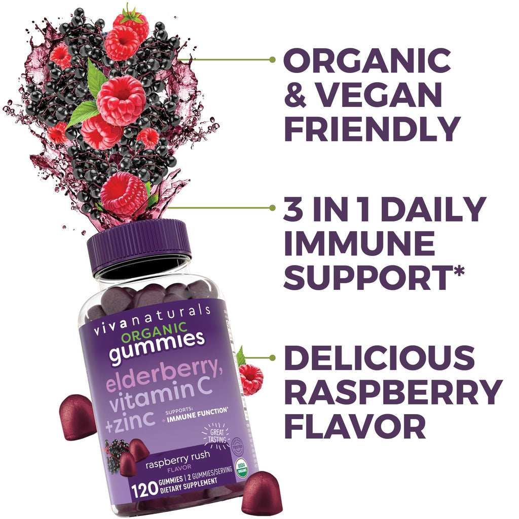 Viva Naturals Sambucus Elderberry Gummies for Adults - 150mg Black Elderberry Vitamin C and Zinc, 3-in-1 Daily Immune Support Gummies, Raspberry Rush Flavor