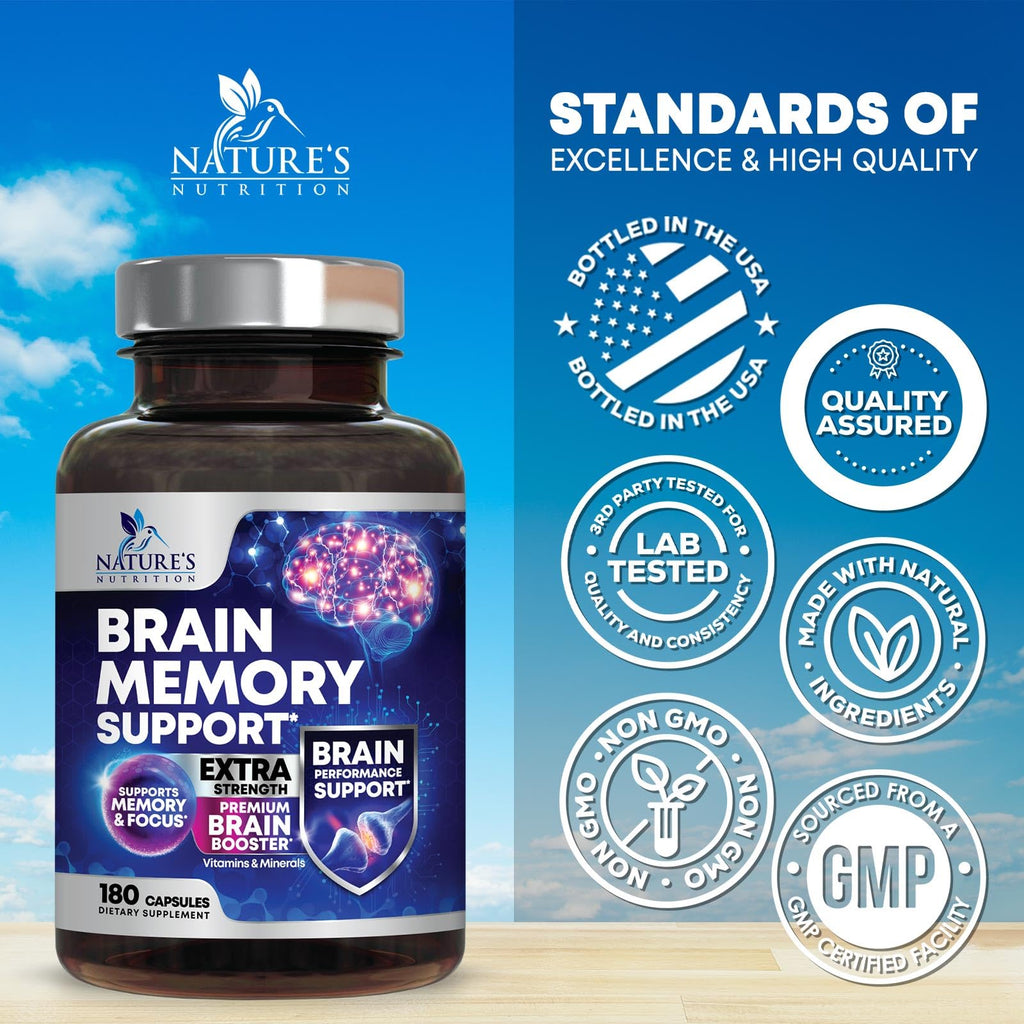 Brain Memory Supplement Pills - 3X Strength Nootropics for Concentration, Clarity & Focus Support - Brain Health Cognitive Vitamins with Bacopa, Phosphatidylserine & DMAE, Brain Booster - 180 Capsules Nature's Nutrition Au supplements