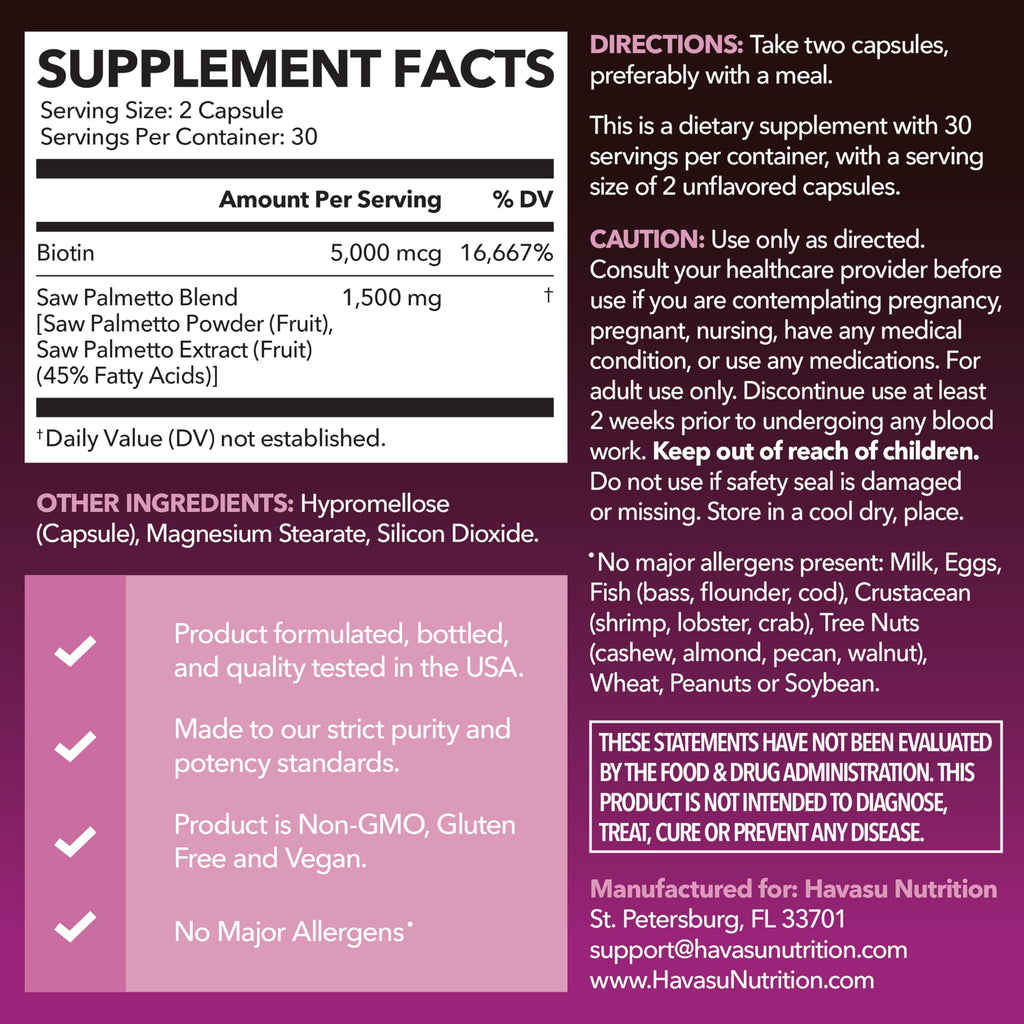 Saw Palmetto for Women with Biotin 5000mcg - Powerful DHT Blocker to Support Hair, Skin, and Nail Health - 60 Count - Vegan, Non-GMO Vitamin for Stronger,