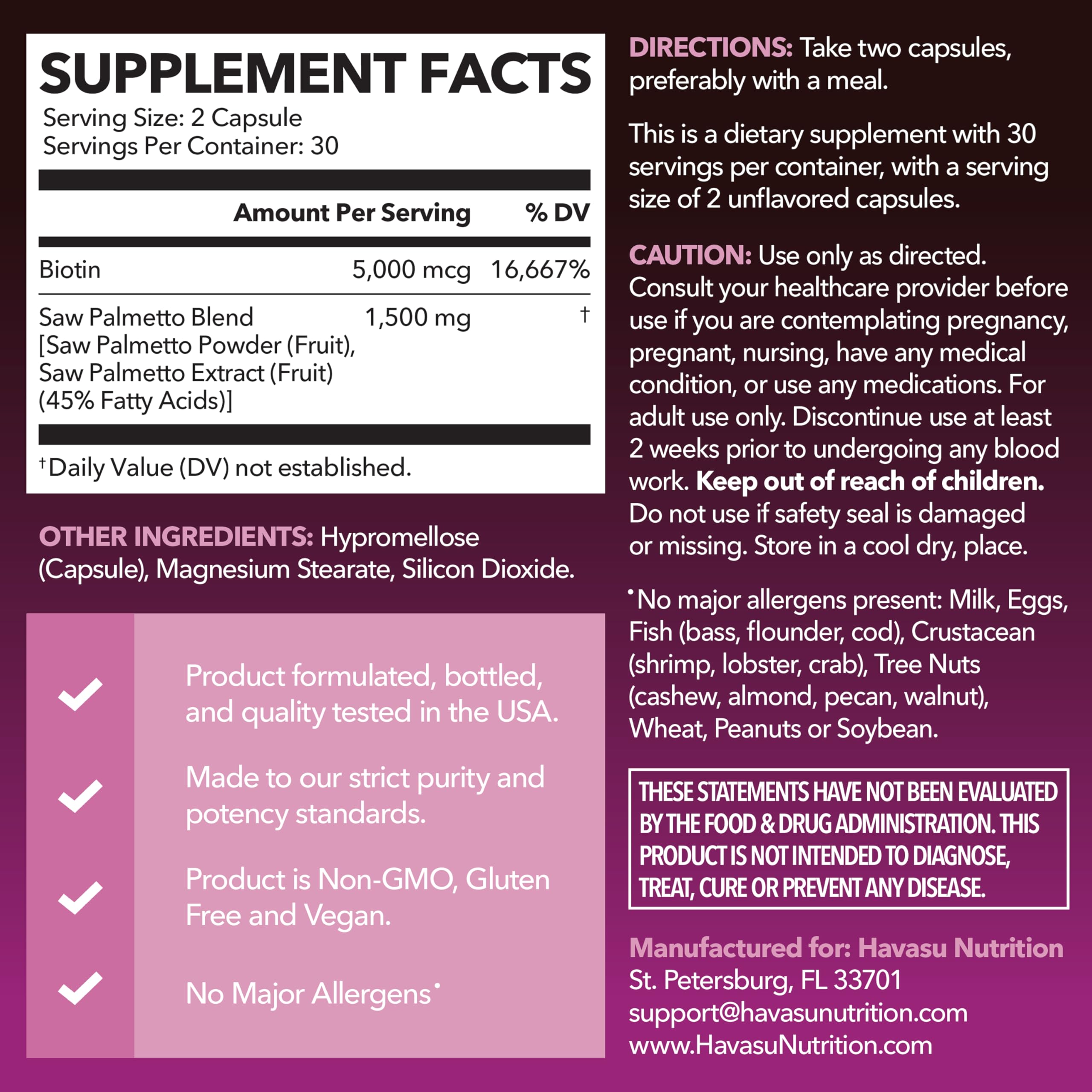 Saw Palmetto for Women with Biotin 5000mcg - Powerful DHT Blocker to Support Hair, Skin, and Nail Health - 60 Count - Vegan, Non-GMO Vitamin for Stronger,