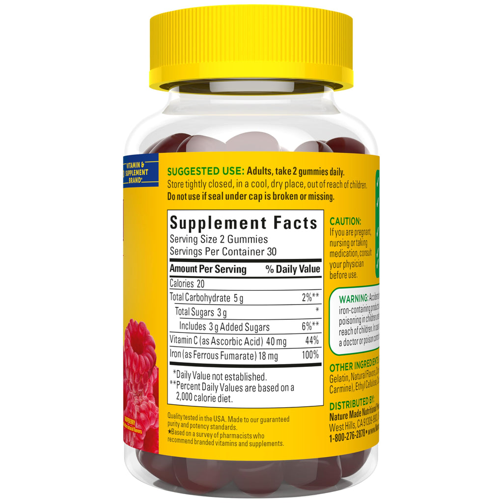 Nature Made Iron 18 mg per serving Gummies with Vitamin C, Iron Supplement for Red Blood Cell Support, 60 Gummies, 30 Day Supply
