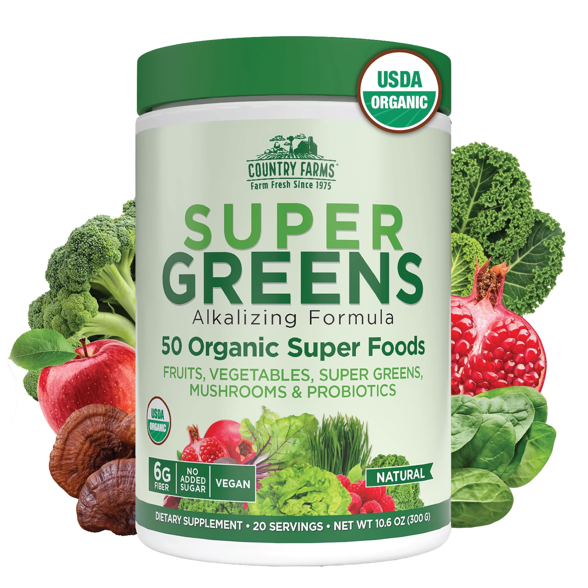 Country Farms Organic Super Greens Natural Flavor, 50 Organic Super Foods, Packed with Fiber, USDA Organic Drink Mix, Fruits, Vegetables, Mushrooms & Probiotics