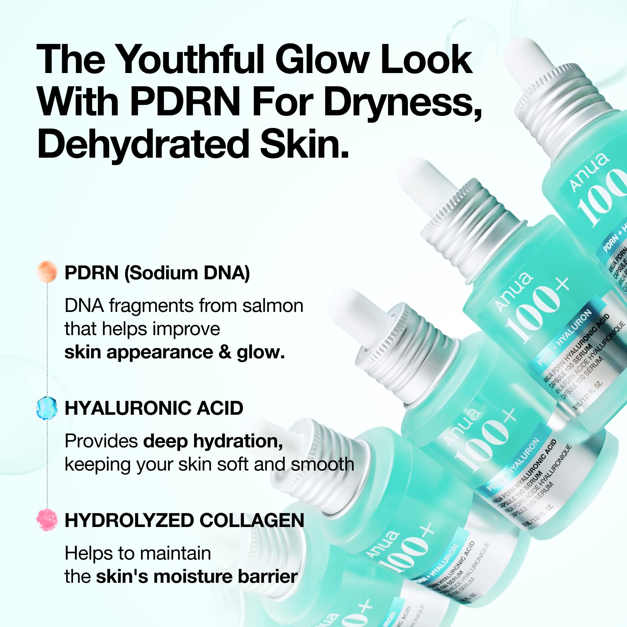 Anua PDRN Hyaluronic Acid Capsule 100 Serum, Radiant Face Serum, Salmon DNA, Hyaluronic Acid, Hydration, Moisture Plumping Effect