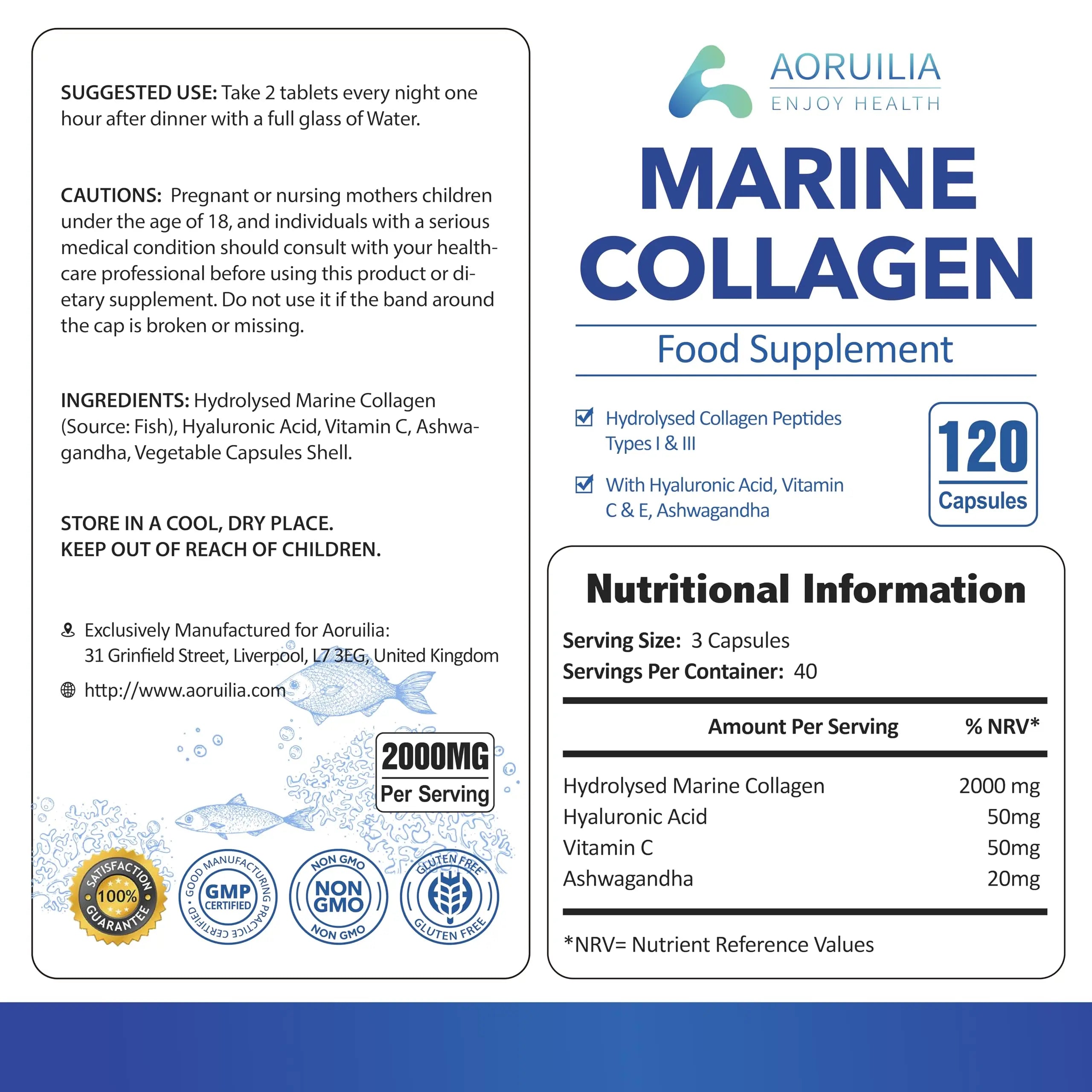 Marine Collagen Supplements for Women Men 2000mg 120 Capsules Hyaluronic Acid, Vitamin C, Vitamin E, & Ashwagandha Aoruilia Au supplements