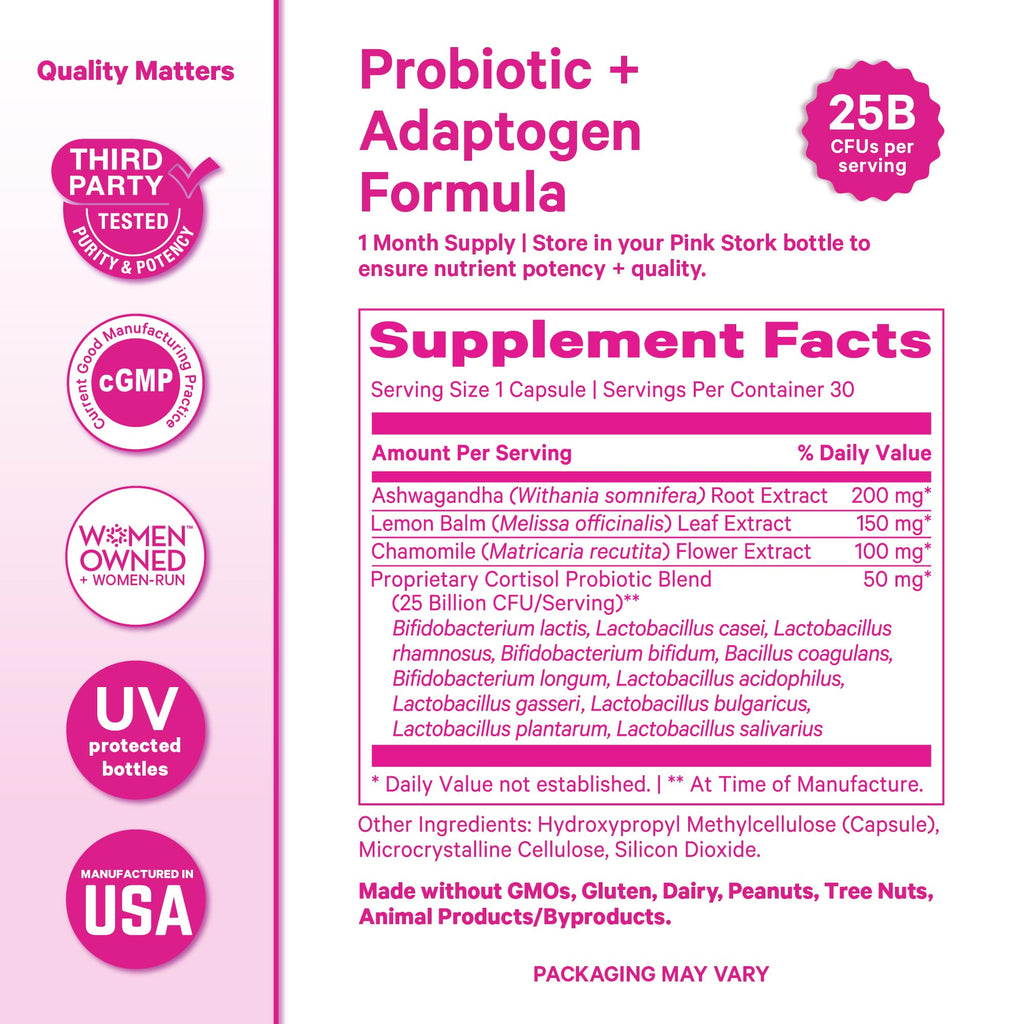 Pink Stork Cortisol Probiotic for Women – Mood and Adrenal Support Supplement – Ashwagandha, Lemon Balm, Chamomile, 25 Billion CFU – Gut Health, Energy, Focus – Lower Cortisol – 30 Capsules Pink Stork Au supplements