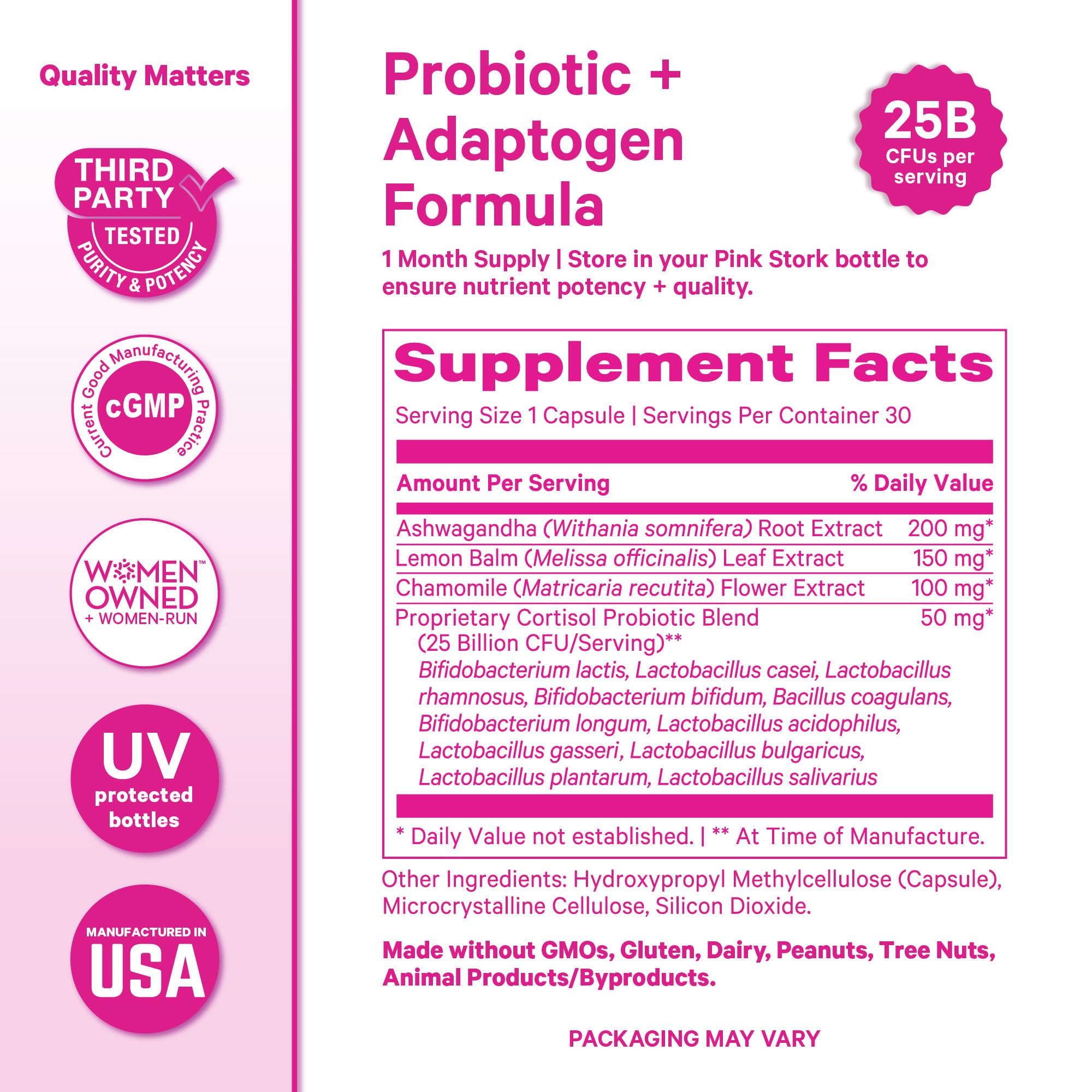 Pink Stork Cortisol Probiotic for Women – Mood and Adrenal Support Supplement – Ashwagandha, Lemon Balm, Chamomile, 25 Billion CFU – Gut Health, Energy, Focus – Lower Cortisol – 30 Capsules Pink Stork Au supplements