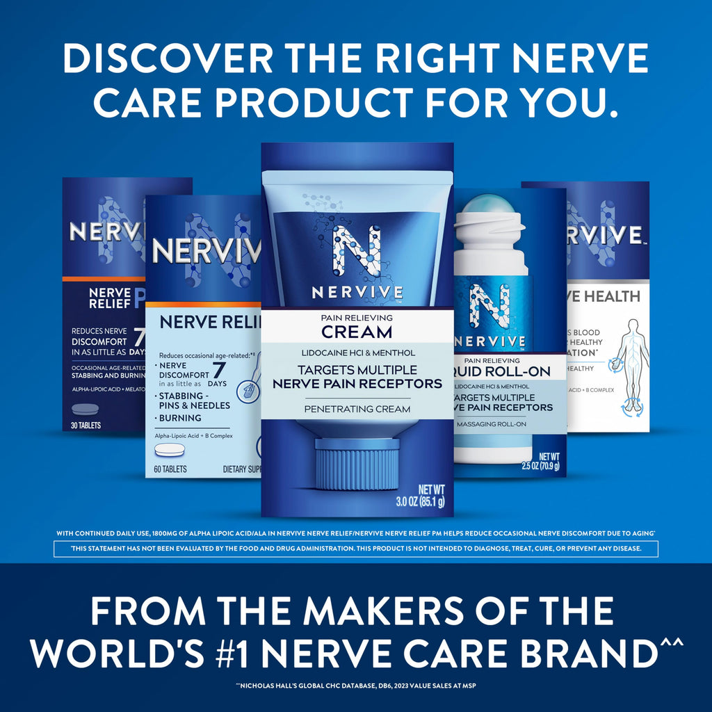 Nervive Pain Relieving Cream, Max Strength Non-Greasy Topical Pain Reliever with Lidocaine and Menthol for Toes, Feet, Fingers, Hands, Legs & Arms, 3.0oz Nervive Au supplements