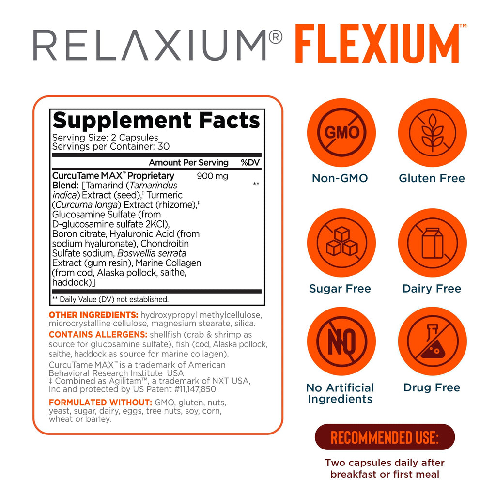 Relaxium Flexium Joint Support Supplement, Drug-Free, with CurcuTame Blend, Turmeric Supplement Formulated to Support Comfort and Mobility, 60 Capsules Relaxium Au supplements