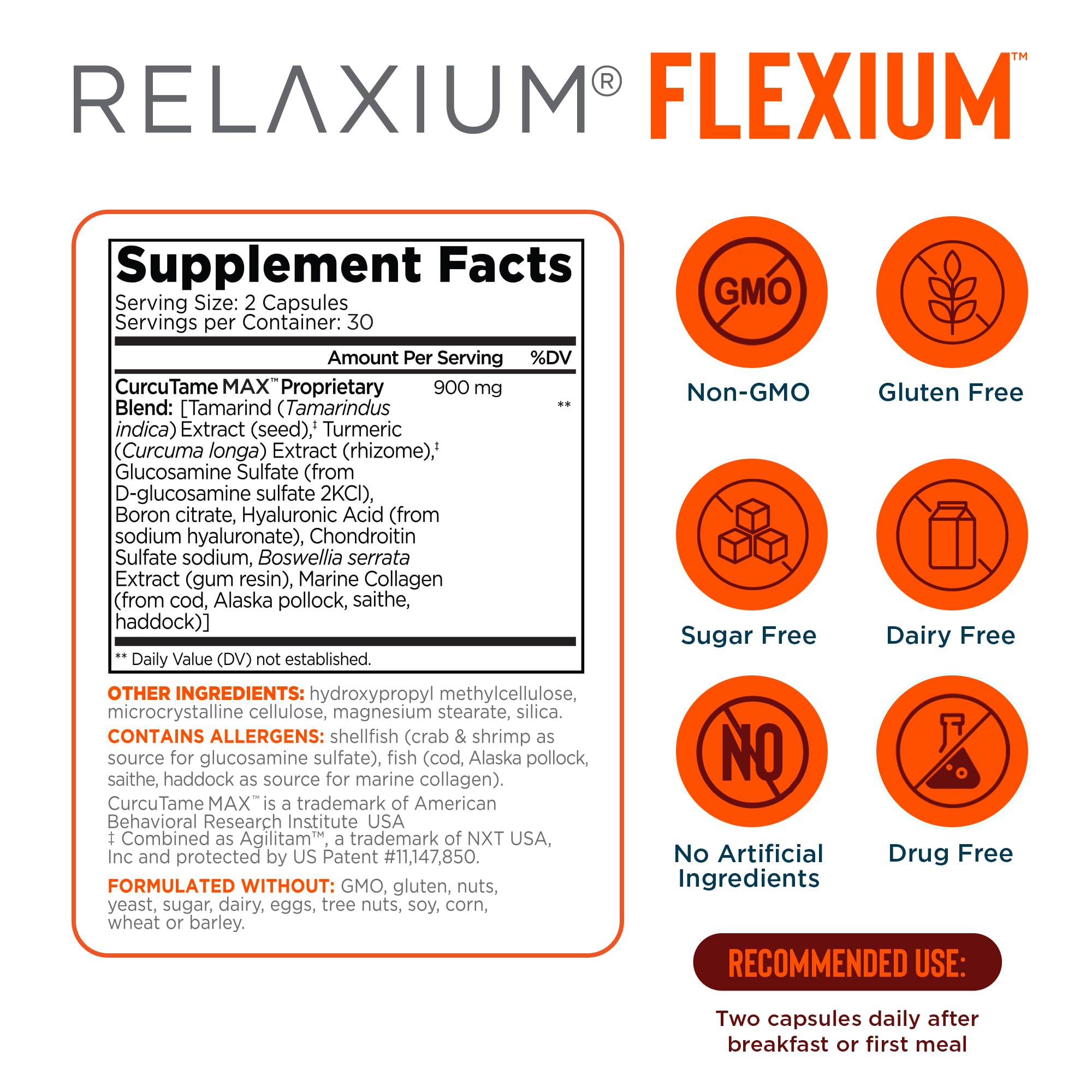 Relaxium Flexium Joint Support Supplement, Drug-Free, with CurcuTame Blend, Turmeric Supplement Formulated to Support Comfort and Mobility, 60 Capsules Relaxium Au supplements