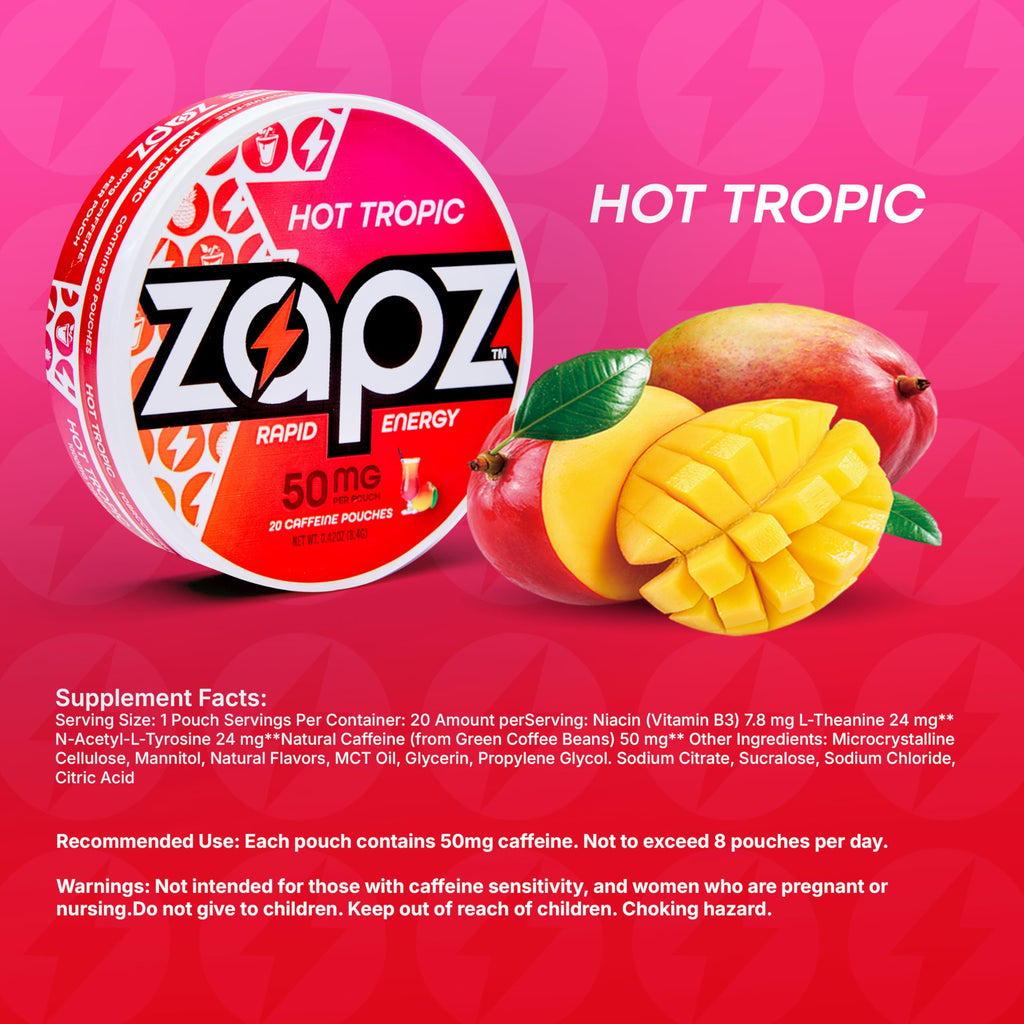 ZAPZ Caffeine Pouches, Hot Tropic, 5 Cans x 20 Count, Energy Pouches with 50mg Caffeine, Nootropic Focus Support, Niacin, L-Theanine, L-Tyrosine, Sugar Free, No Coffee Grinds ZAPZ Au supplements