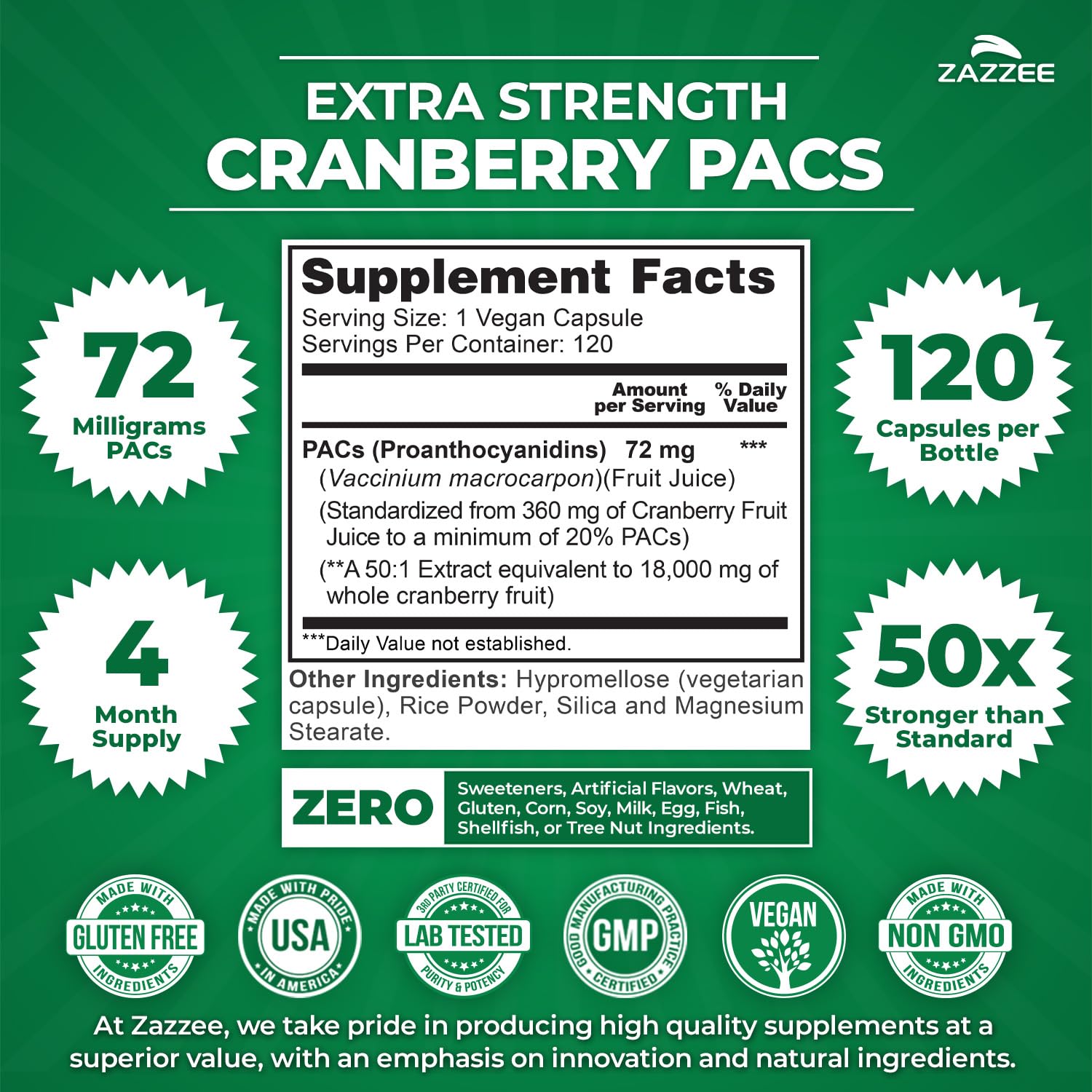 Zazzee Cranberry PACs 72 mg per Capsule, 50:1 Extract, 120 Vegan Capsules, 2X Strength, 4 Month Supply, Fast-Acting, Effective Urinary Tract & Bladder Support