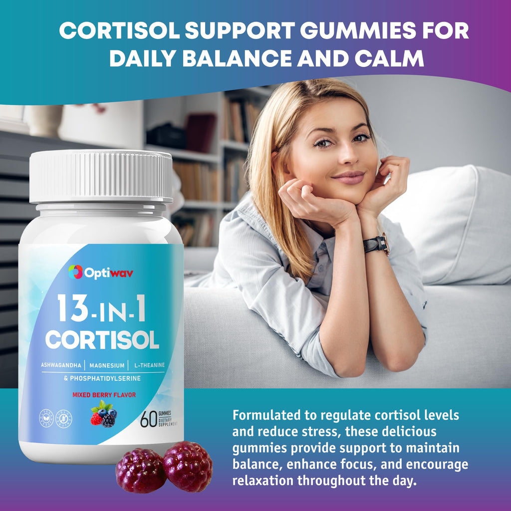 Optiwav Cortisol Reducer Gummies for Women Men - 13-in-1 Daily Cortisol Detox Manager Supports Stress Mood Balance Focus & Health Balance - Reduce High Cortisol with Ashwagandha Magnesium L-Theanine Optiwav Au supplements