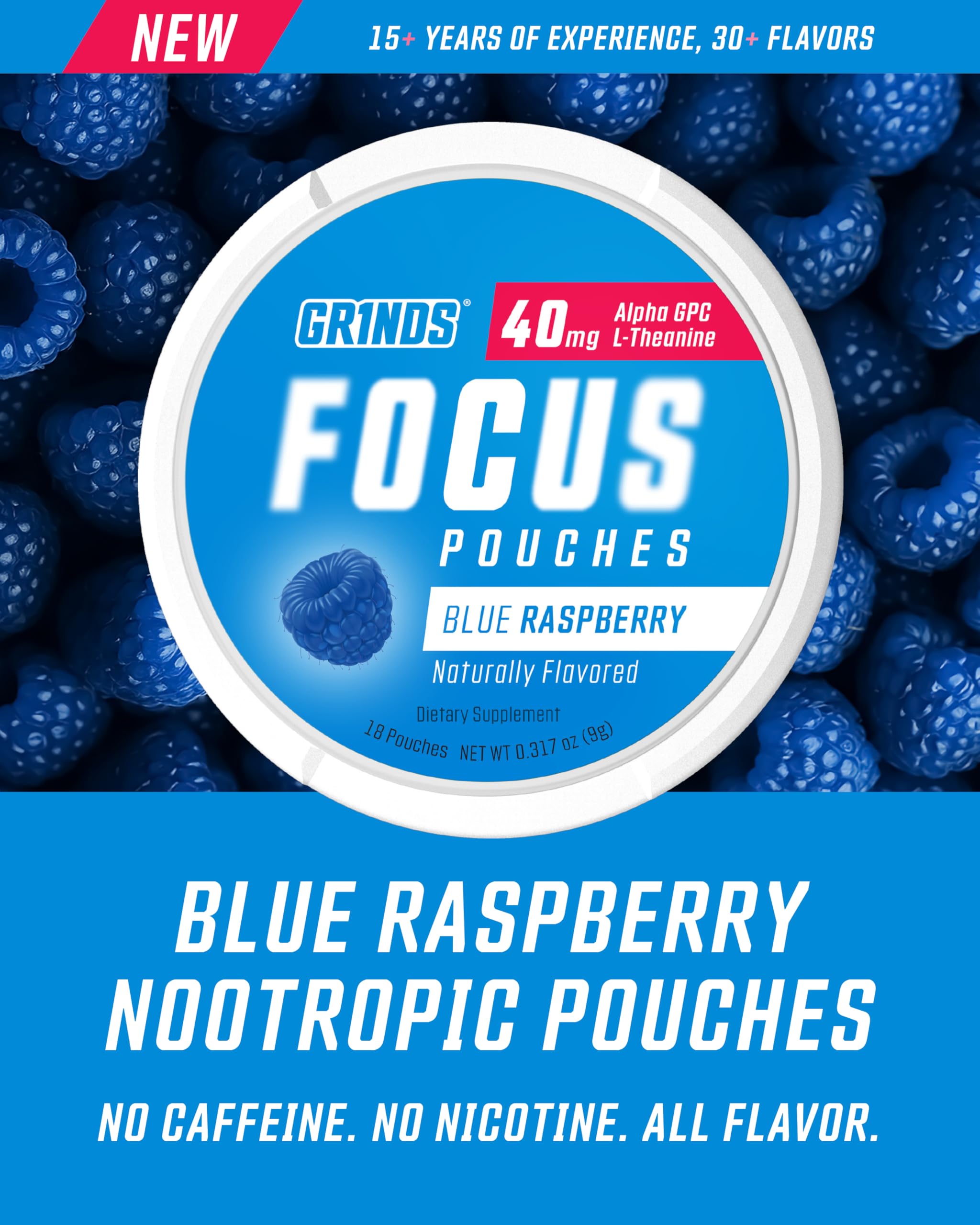 GRINDS Focus Pouches - Naturally Flavored with Nootropic Ingredients - Contains Alpha GPC and L-Theanine - Nicotine-Free, Sugar-Free - 3 Pack, 18 Pouches Per Can - Blue Raspberry GRINDS Au supplements
