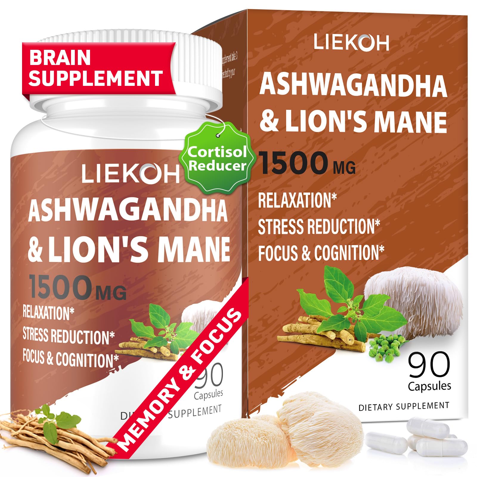 Liekoh Ashwagandha & Lions Mane Supplement Capsules, Brain Supplements for Memory and Focus, Ashwagandha Supplement with Rhodiola & Black Peppe, Cortisol Supplements for Women & Men,90 Caps Liekoh Au supplements