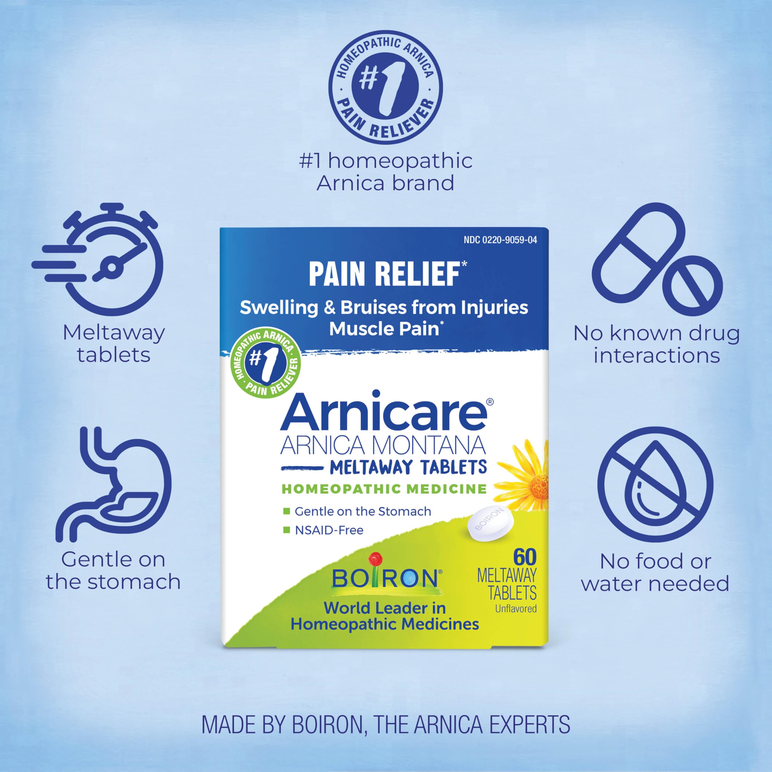Boiron Arnicare Tablets - 100 Count for Pain Relief from Muscle Pain, Joint Soreness, Swelling from Injury or Bruises - Arnica Meltaway Tabs Boiron Au supplements