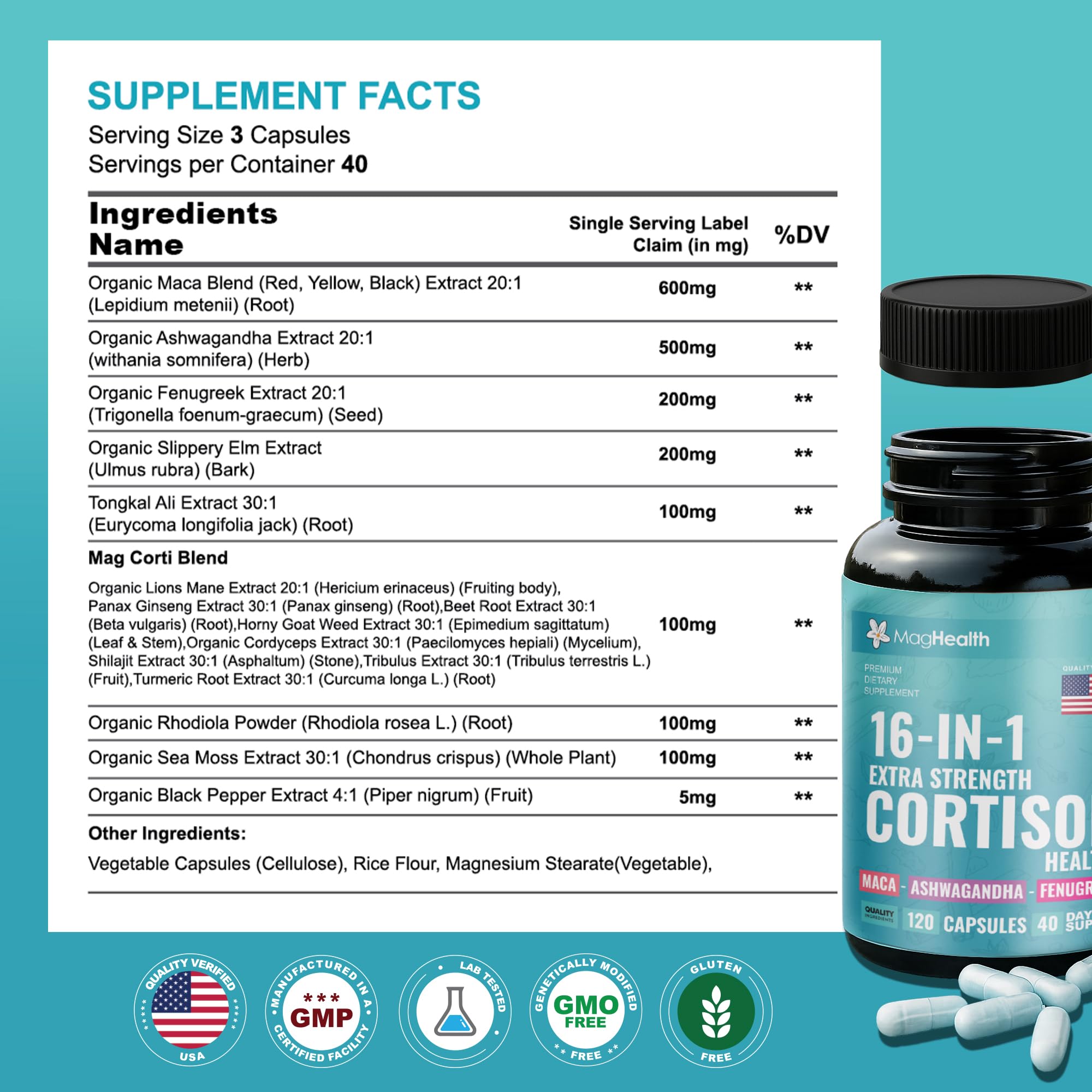 Cortisol Complex 16-in-1 Supplement for Women & Men | Stress Support Manager with Organic Ashwagandha, Maca Root, Rhodiola Rosea & Shilajit | Adaptogen Blend for Balance & Energy | 120 Capsules MagHealth Au supplements