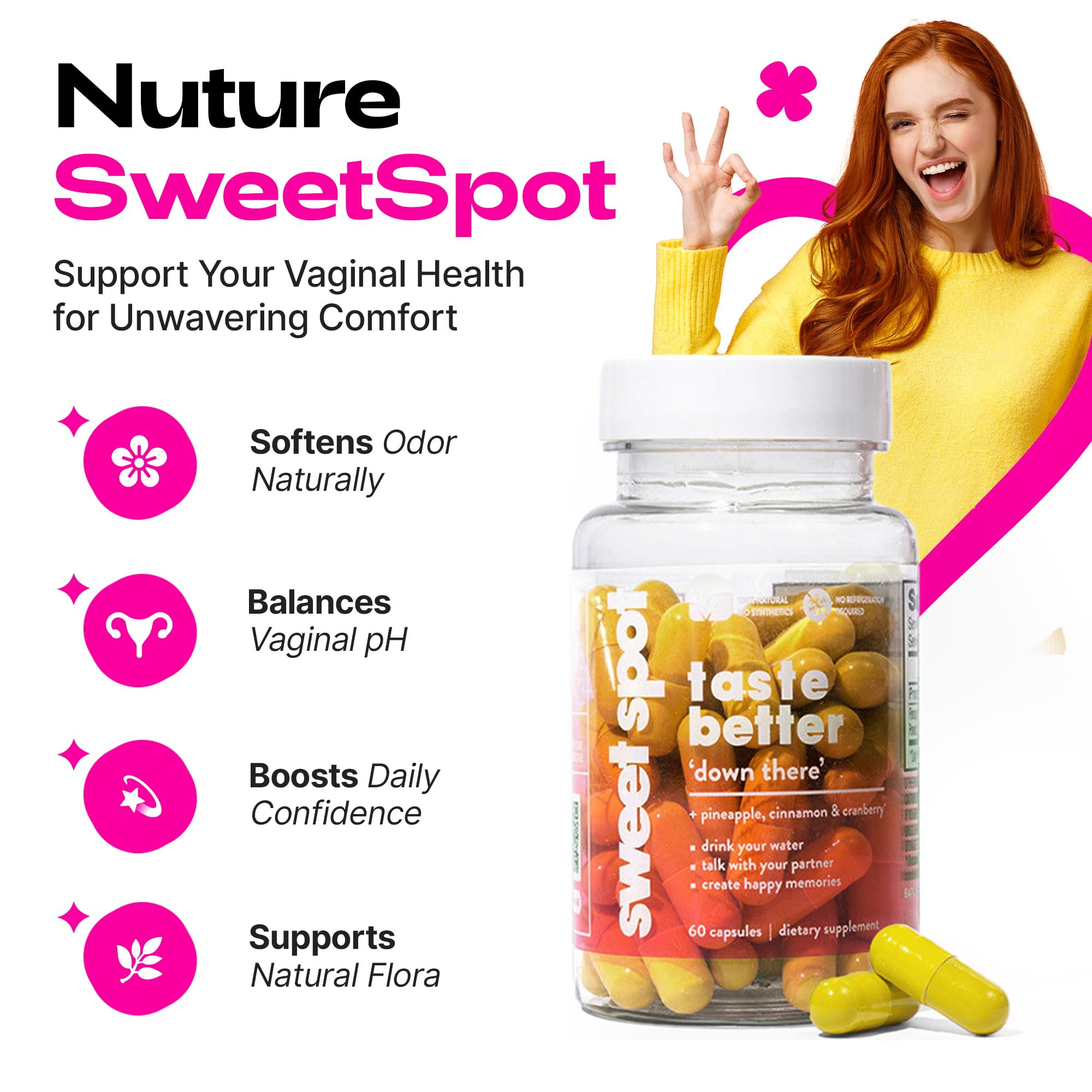 Sweet Spot – Pineapple & Cranberry Vaginal Health Supplement, 60 Capsules – Freshens Taste, Promotes Feminine Balance