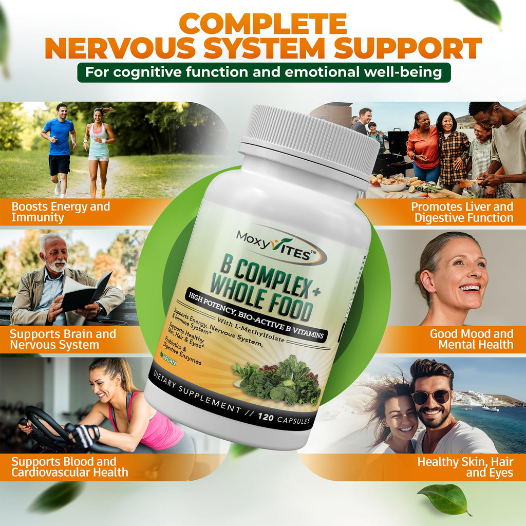 MoxyVites Vitamin B Complex - B Vitamins Whole Food Supplement, B12 Methylcobalamin, B1, B2, B3, B5, B6, B7, B9 - for Stress
