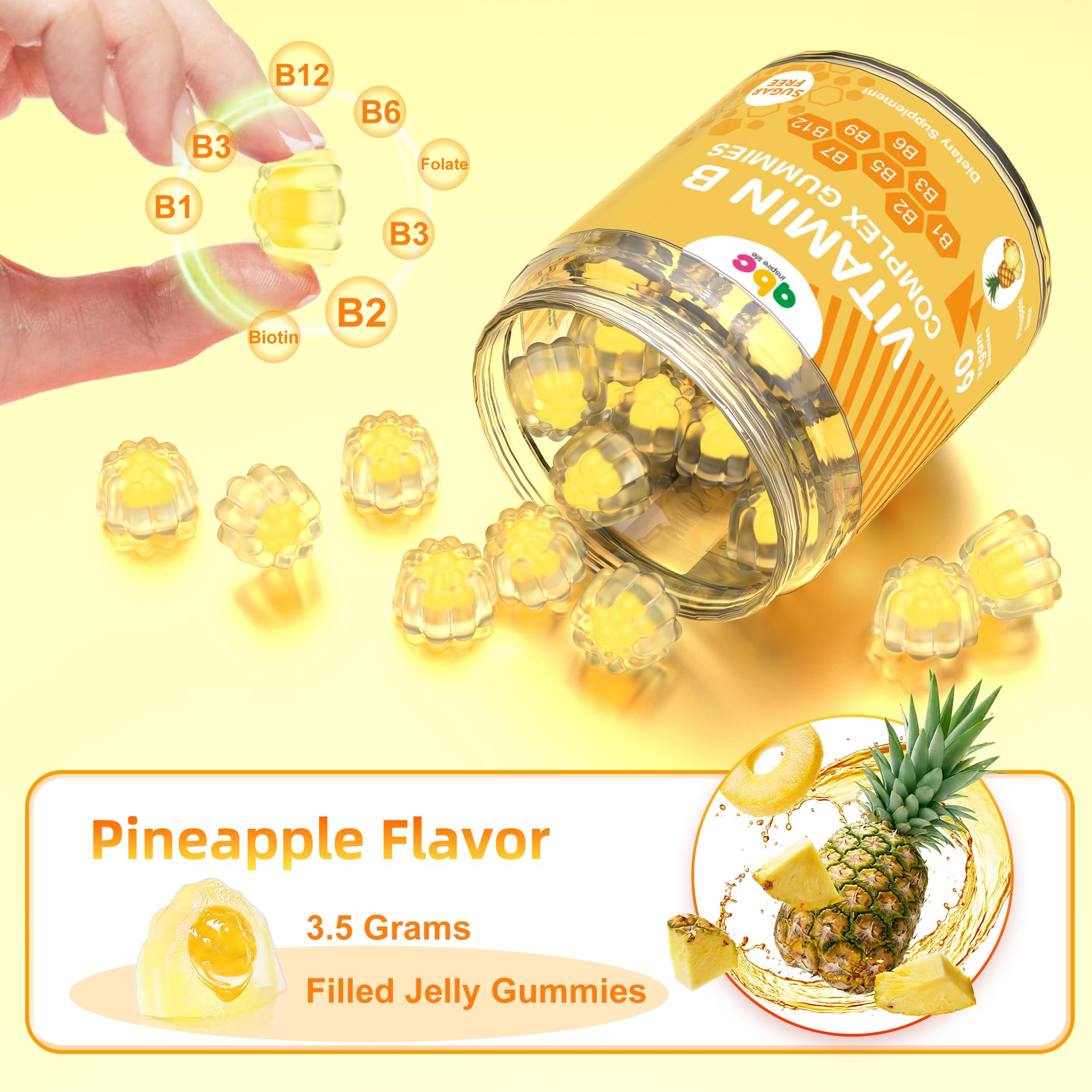 NEWOLITE Vitamin B Complex Gummies for Adult Kid-Pineapple Flavor-Chewable Supplement with 8 Essential B Vitamins