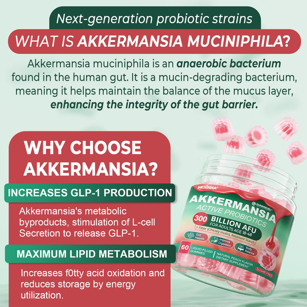 Akkermansia Probiotics Gummies with Prebiotics Fiber, 300 Billion AFU Akkermansia Muciniphila, with Polyphenol Fruits, Resistant Starch