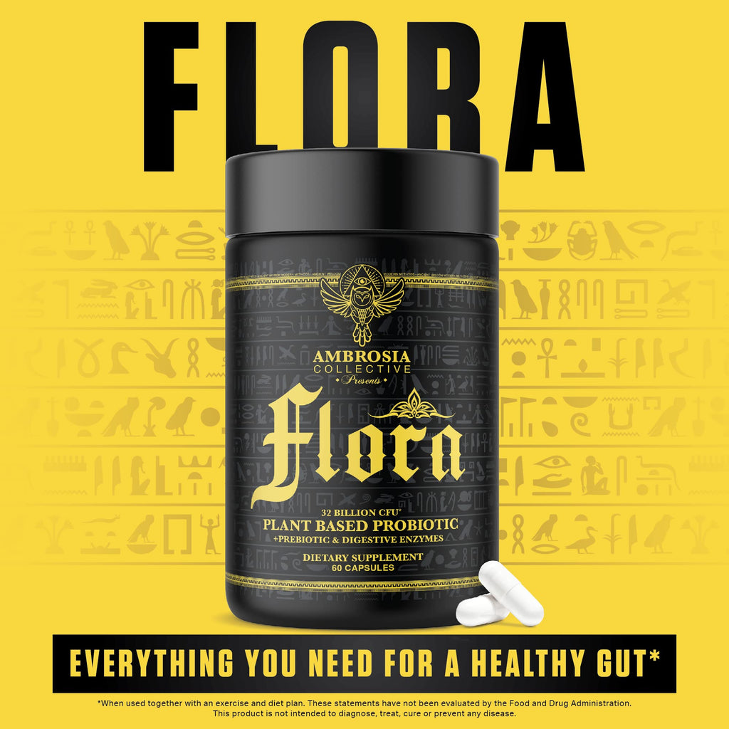 Ambrosia Flora Digestive Enzymes with Probiotics & Prebiotics | 32 Billion CFU Gut Health Supplement | Plant Based, Vegan Probiotic | 60 Veggie Capsules (30 Servings)