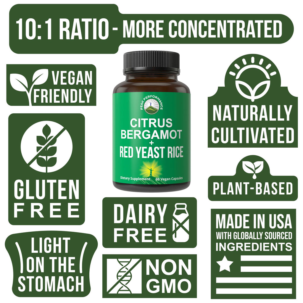 Peak Performance Citrus Bergamot + Red Yeast Rice. 2-in-1 Supplement. High Strength 10:1 Bergamot Extract. No Gluten, Zero Sugar, Vegan Capsules