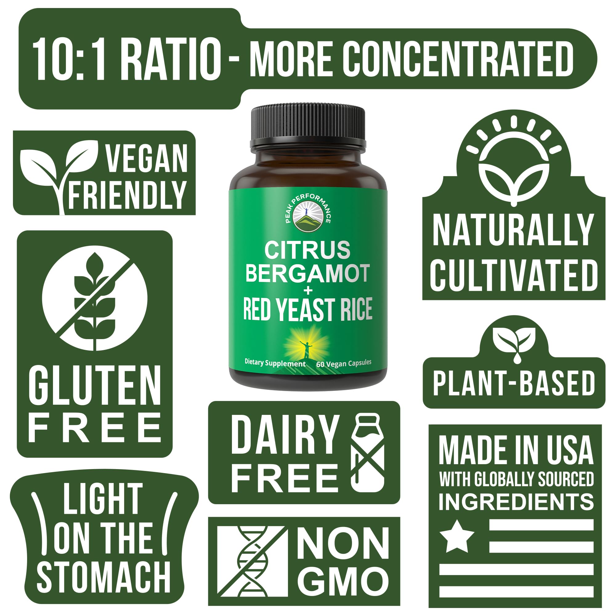 Peak Performance Citrus Bergamot + Red Yeast Rice. 2-in-1 Supplement. High Strength 10:1 Bergamot Extract. No Gluten, Zero Sugar, Vegan Capsules