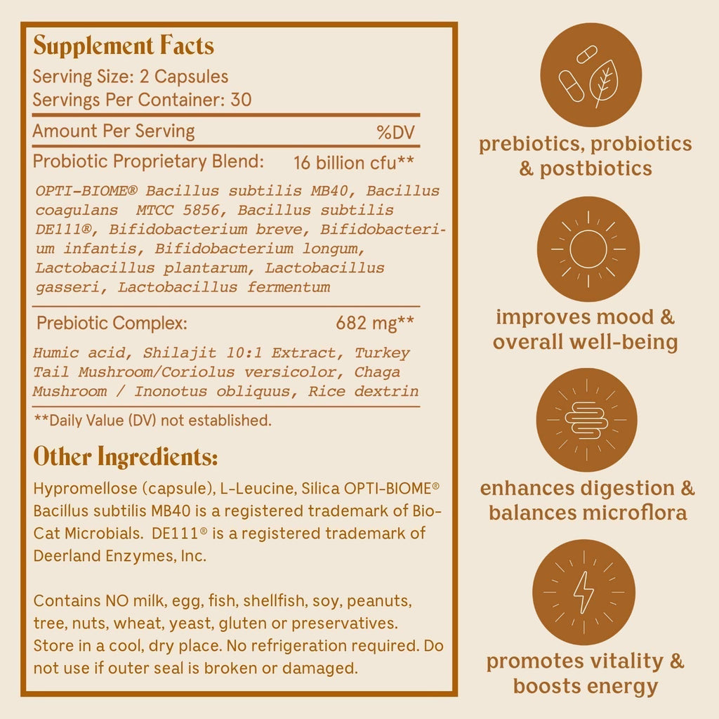 Feel Good SBO Probiotics — Soil Based Organisms (SBOs), Prebiotics, Postbiotics, Humic Acid, Shilajit, Chaga & Turkey Tail Mushroom for Digestion — Solluna by Kimberly Snyder (60CT) Vegan & Non-GMO Solluna by Kimberly Snyder Au supplements