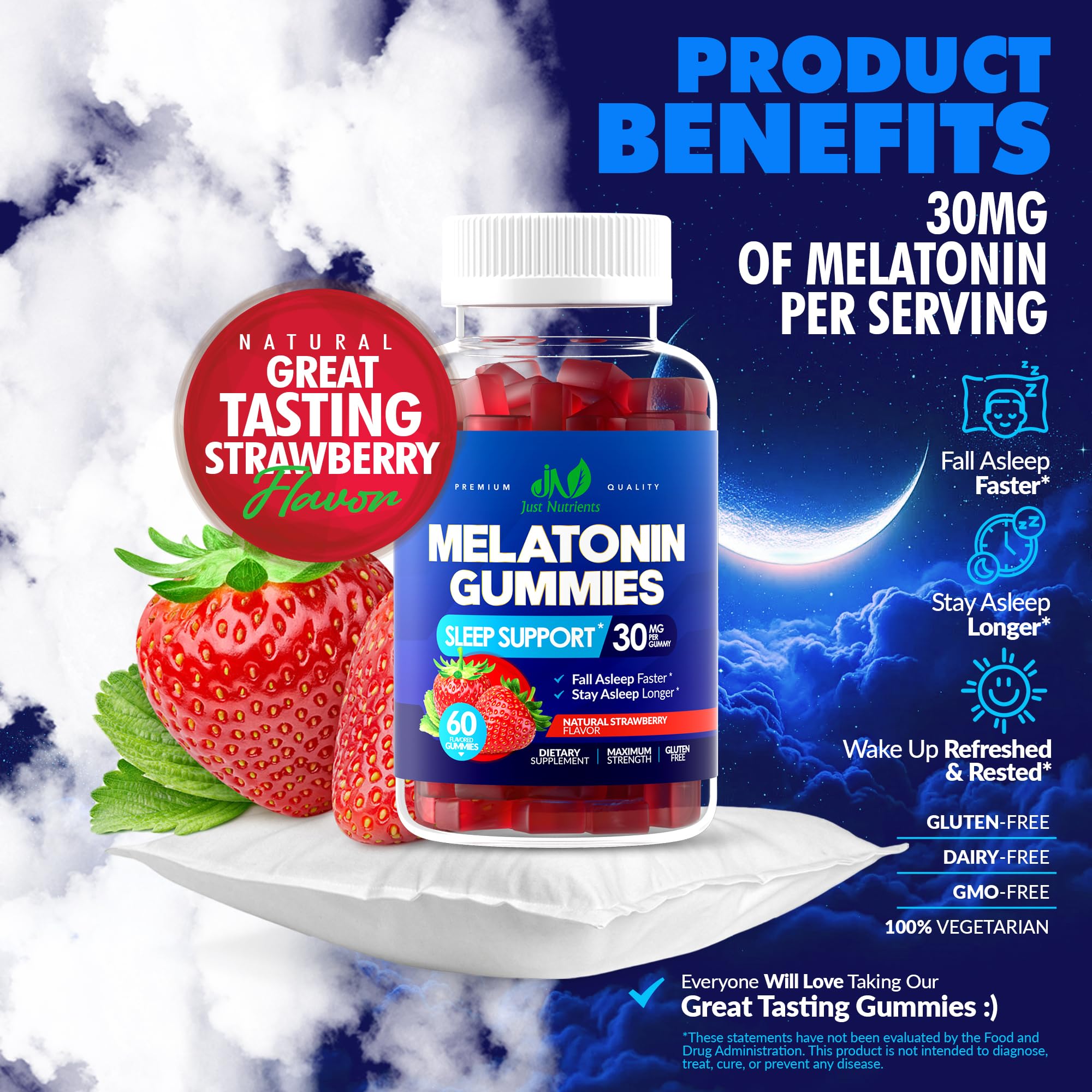 Melatonin 30mg Gummies for Adults (60 Servings) - Maximum Strength Sleep Support with 30mg of Melatonin Per Gummy - Gluten-Free, Sugar-Free, Non-GMO, 100% Vegetarian,