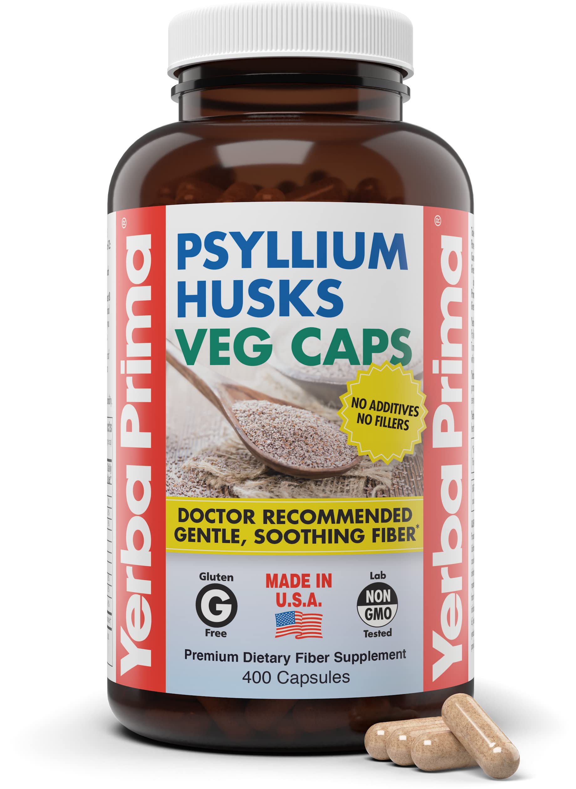 Yerba Prima Psyllium Husks Veg Caps, 400 Capsules (625mg) - Vegan, Non-GMO, Gluten Free, Colon Cleanser