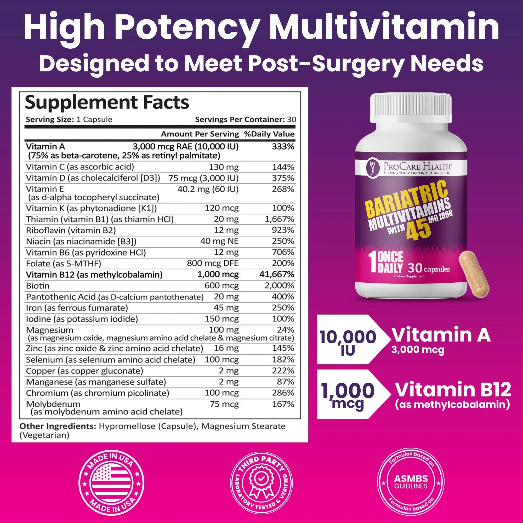 ProCare Health Bariatric Multivitamin with 45mg Iron (30 Easy to Swallow Capsules) - Once Daily Post-Op Support for Gastric Bypass ProCare Health Au supplements
