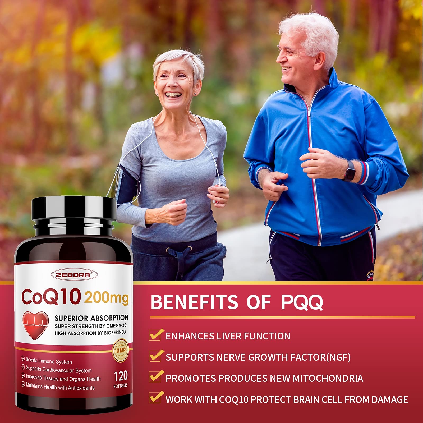 ZEBORA CoQ10-200mg-Softgels with PQQ, BioPerine & Omega-3, 120 Servings Coenzyme Q10(Ubiquinone) Supplement for High-Absorption, Powerful-Antioxidant