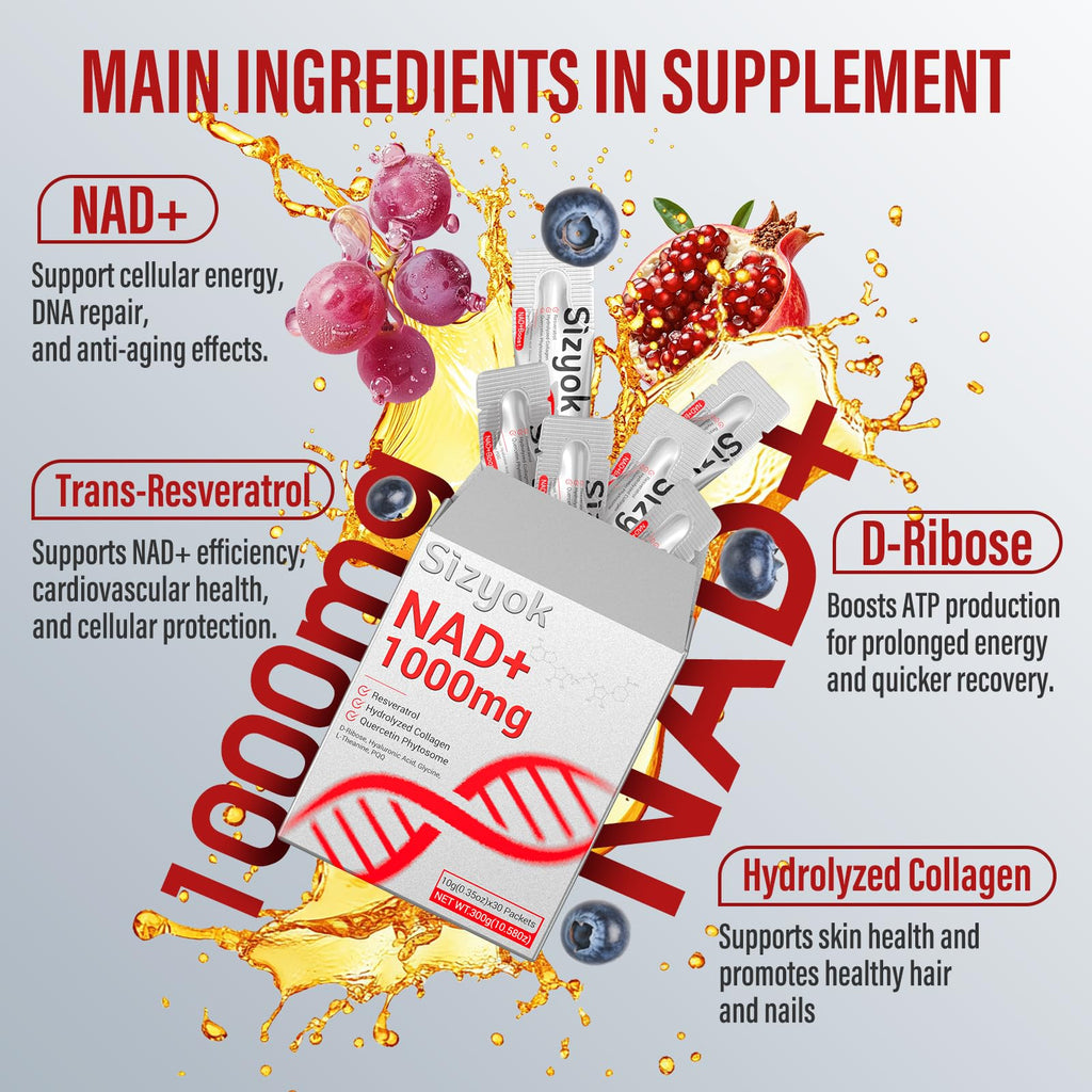 NAD+ Supplement 1000mg Liquid - High Absorption NAD+ with Trans Resveratrol 2000mg, Collagen & Hyaluronic Acid, Anti-Aging Energy Support for Women, Cellular Health & Longevity Boost Sizyok Au supplements