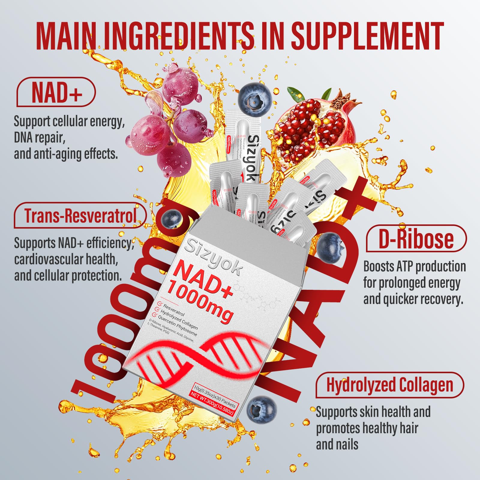 NAD+ Supplement 1000mg Liquid - High Absorption NAD+ with Trans Resveratrol 2000mg, Collagen & Hyaluronic Acid, Anti-Aging Energy Support for Women, Cellular Health & Longevity Boost Sizyok Au supplements