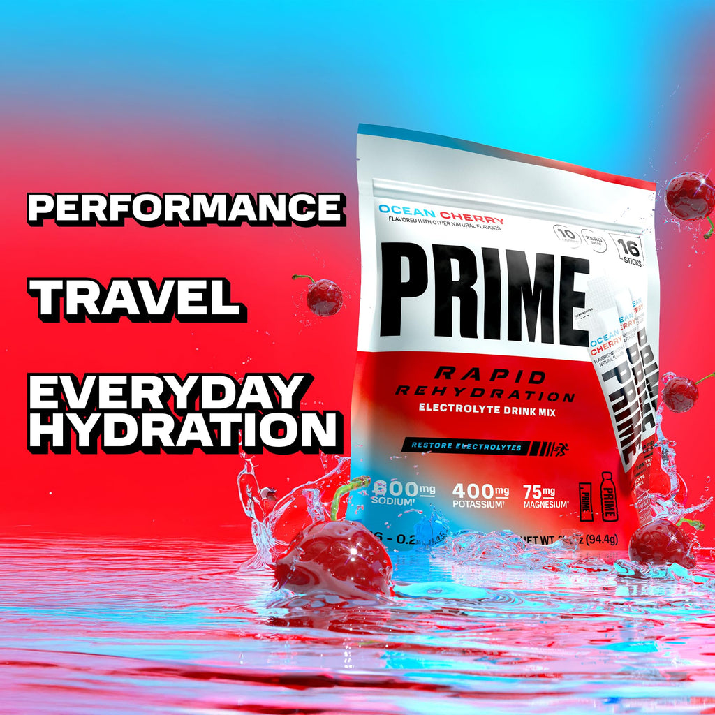 Prime Rapid Rehydration Electrolyte Powder Sticks, Ocean Cherry, Sugar Free Hydration Drink Mix with Sodium, Potassium, Magnesium & B Vitamins