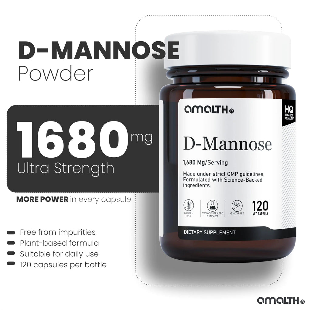 AMALTH D-Mannose Capsules 1680 mg per Serving, 120 Vegan Capsules, Pure Single Ingredient Mannose Supplement, Urinary Tract Support, UTI Wellness Support, Non GMO, Gluten Free AMALTH Au supplements