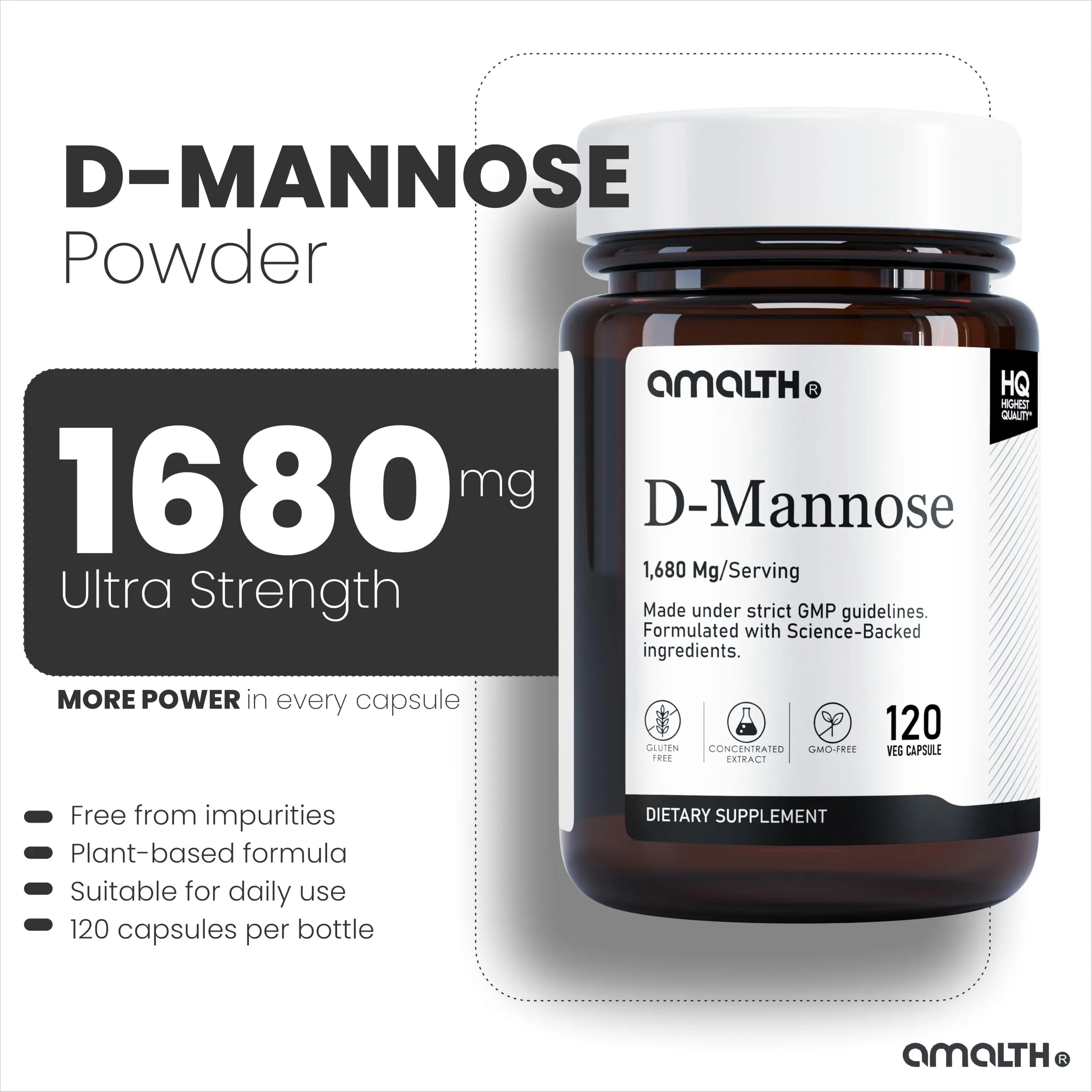 AMALTH D-Mannose Capsules 1680 mg per Serving, 120 Vegan Capsules, Pure Single Ingredient Mannose Supplement, Urinary Tract Support, UTI Wellness Support, Non GMO, Gluten Free AMALTH Au supplements