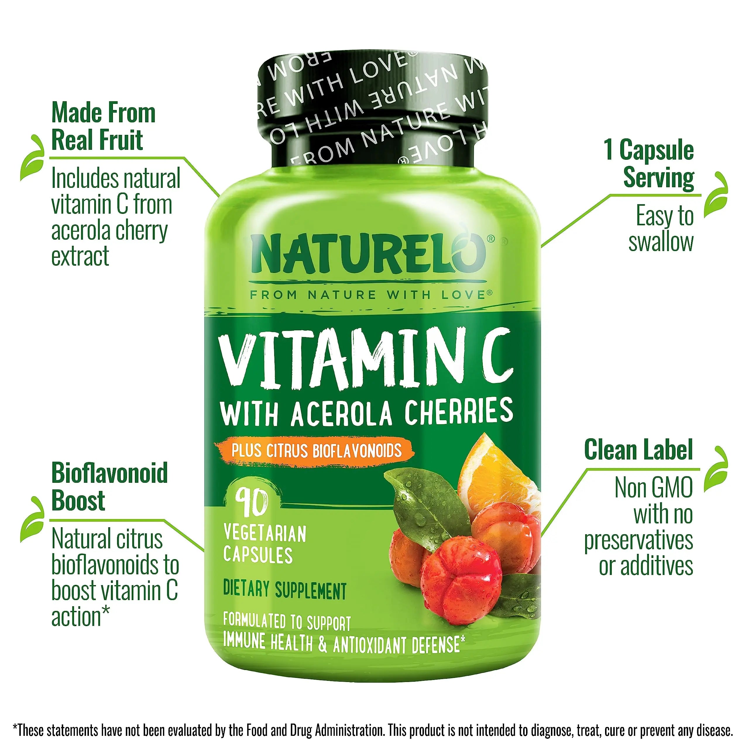 NATURELO Vitamin C with Organic Acerola Cherry Extract and Citrus Bioflavonoids - Vegan Supplement - Immune Support - 500 mg VIT C per Cap NATURELO Au supplements