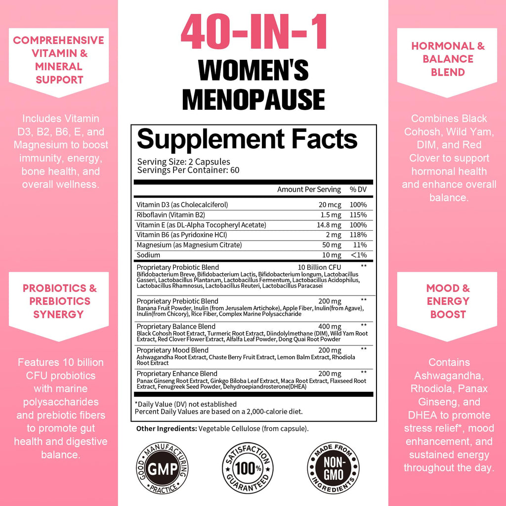 40-in-1 Menopause Supplements for Women, Multibenefit & Complete Black Cohosh for Hot Flashes, Night Sweats & Hormone Balance, w/ Probiotics, DIM, Vitex, Dong Quai, Red Clover and More, 120 Vegan Caps Totaria Au supplements